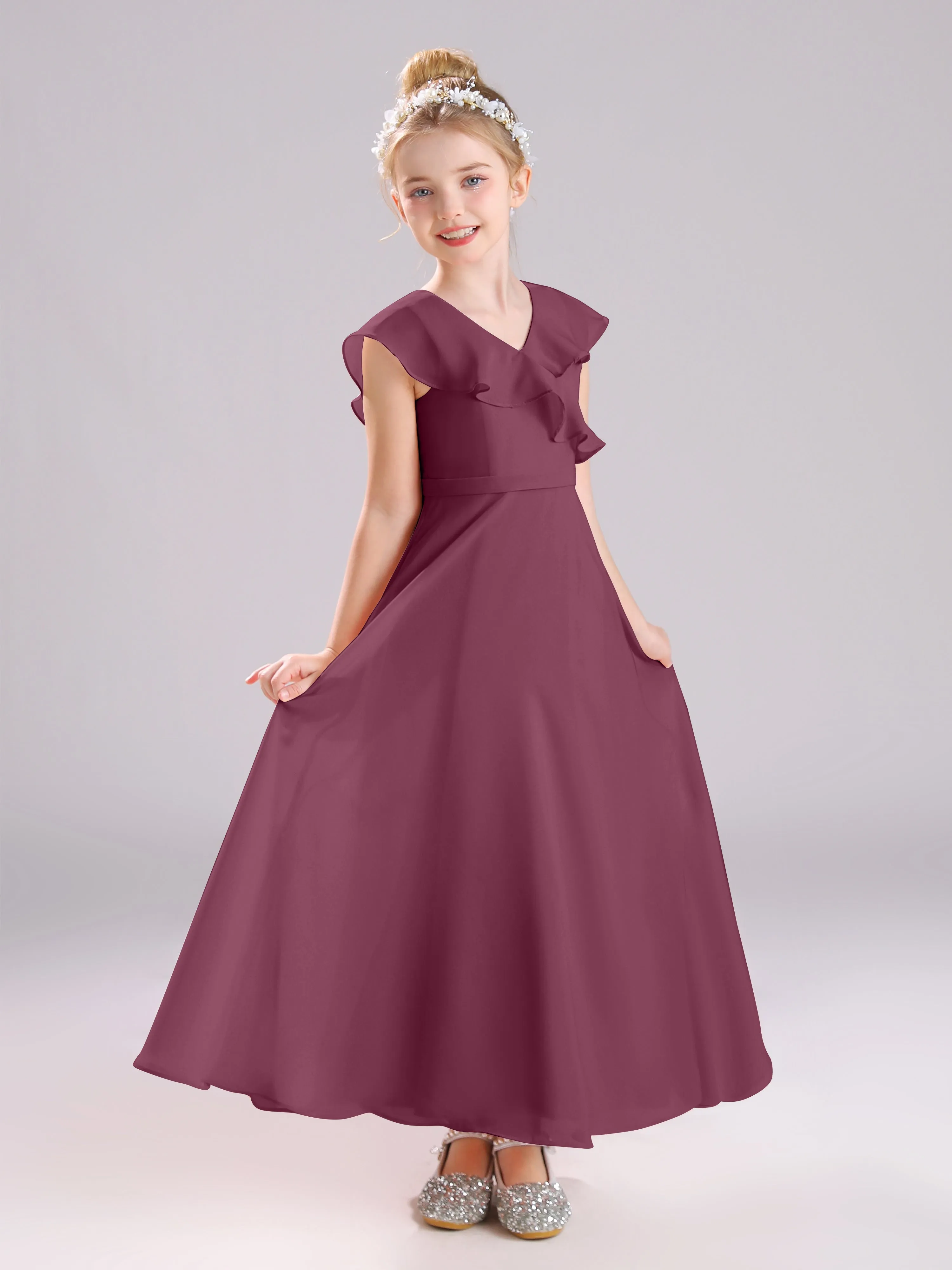 Cap Sleeves V-Neck Open Back Chiffon Junior Bridesmaid Dresses