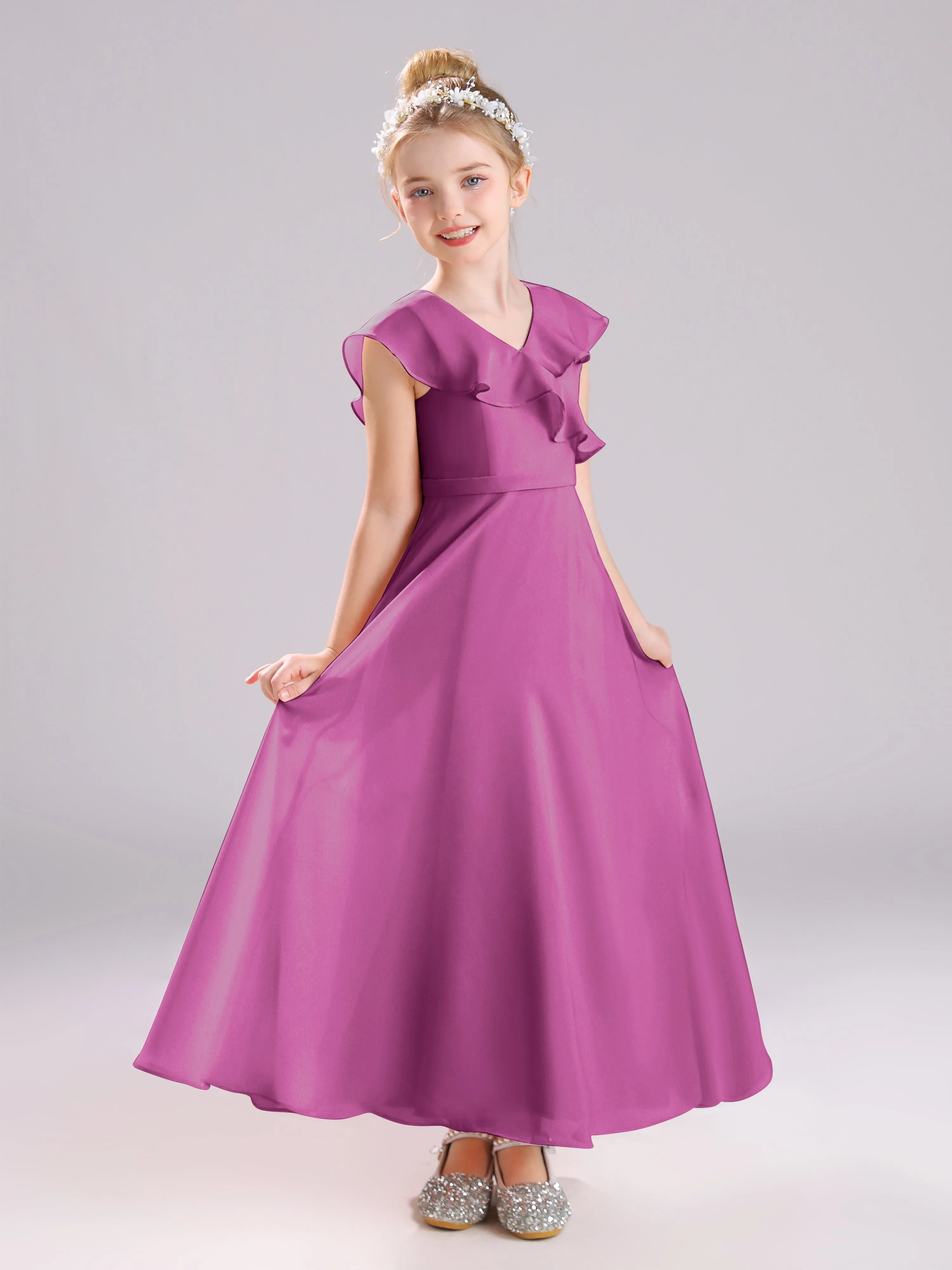 Cap Sleeves V-Neck Open Back Chiffon Junior Bridesmaid Dresses