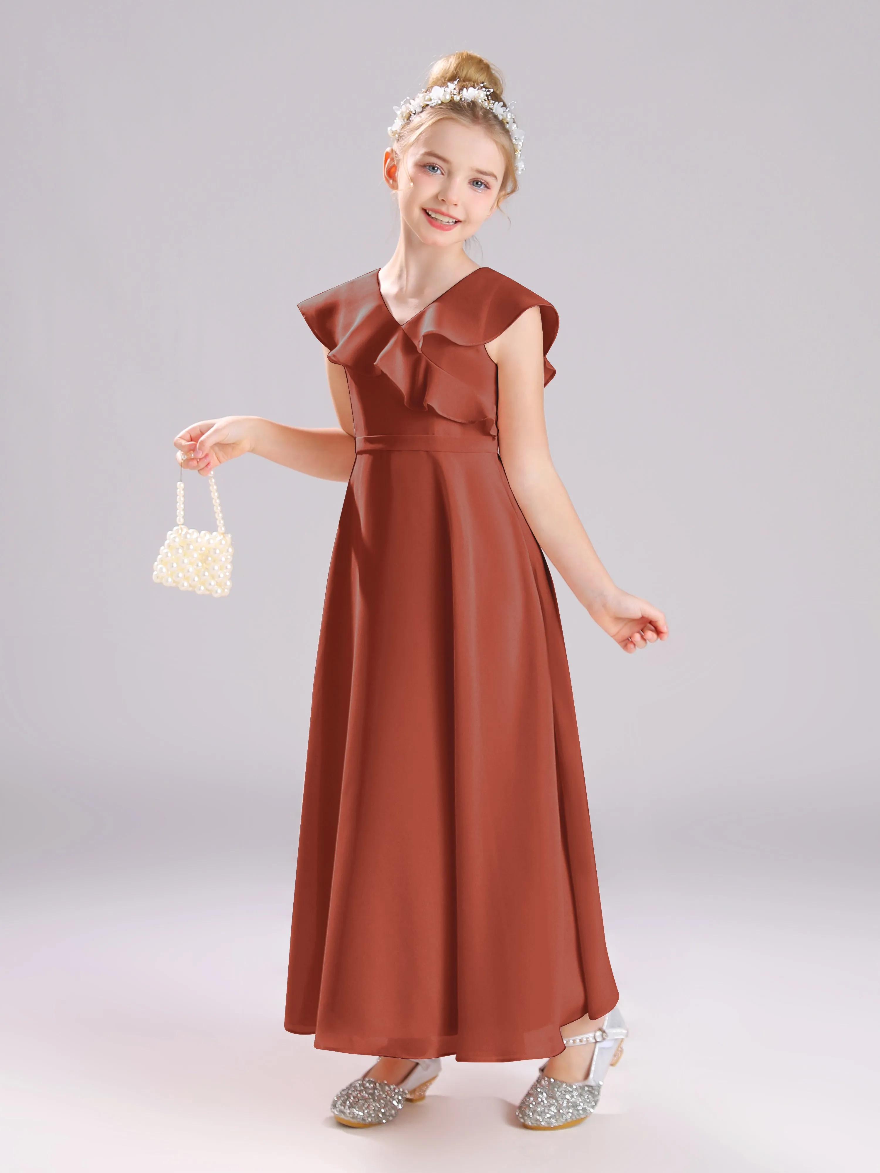Cap Sleeves V-Neck Open Back Chiffon Junior Bridesmaid Dresses
