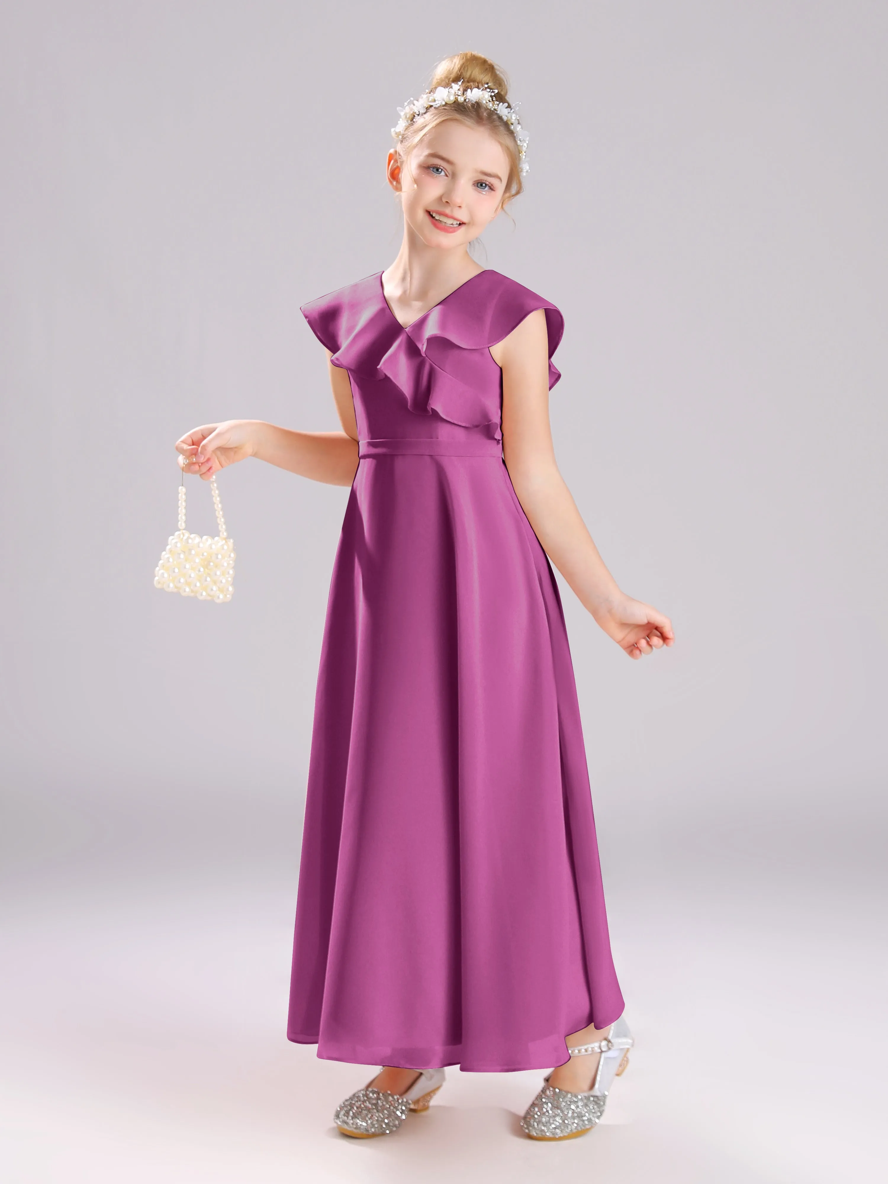 Cap Sleeves V-Neck Open Back Chiffon Junior Bridesmaid Dresses