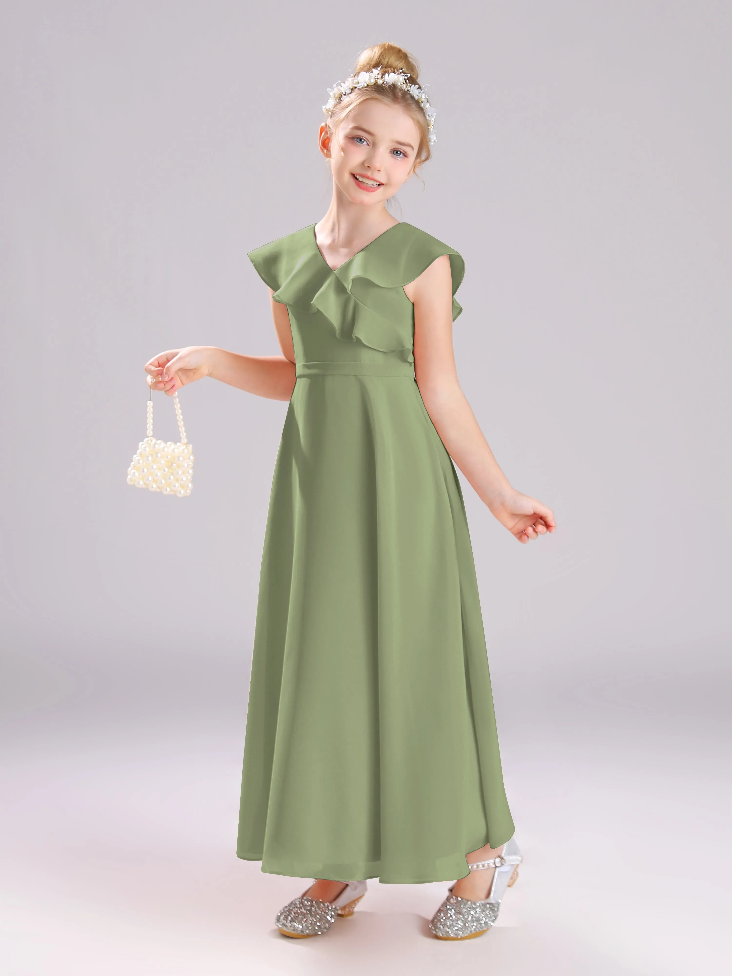 Cap Sleeves V-Neck Open Back Chiffon Junior Bridesmaid Dresses