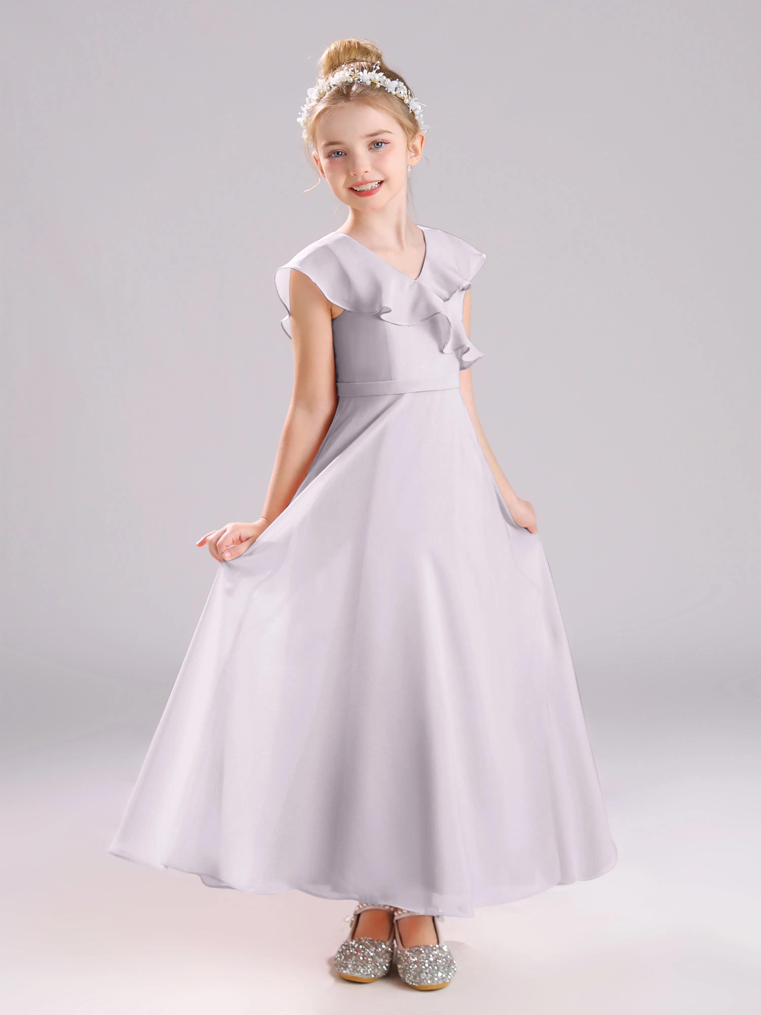 Cap Sleeves V-Neck Open Back Chiffon Junior Bridesmaid Dresses