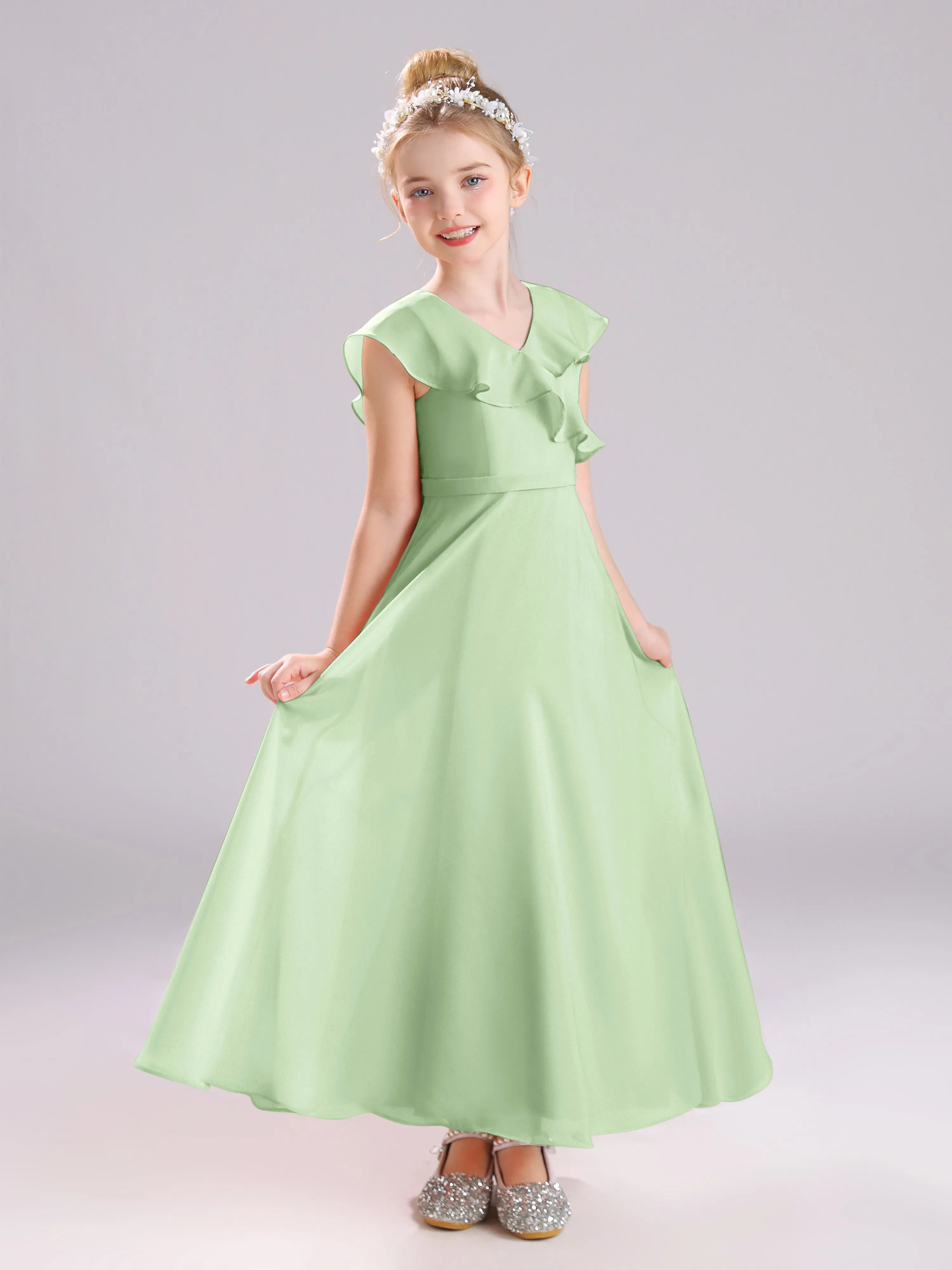 Cap Sleeves V-Neck Open Back Chiffon Junior Bridesmaid Dresses