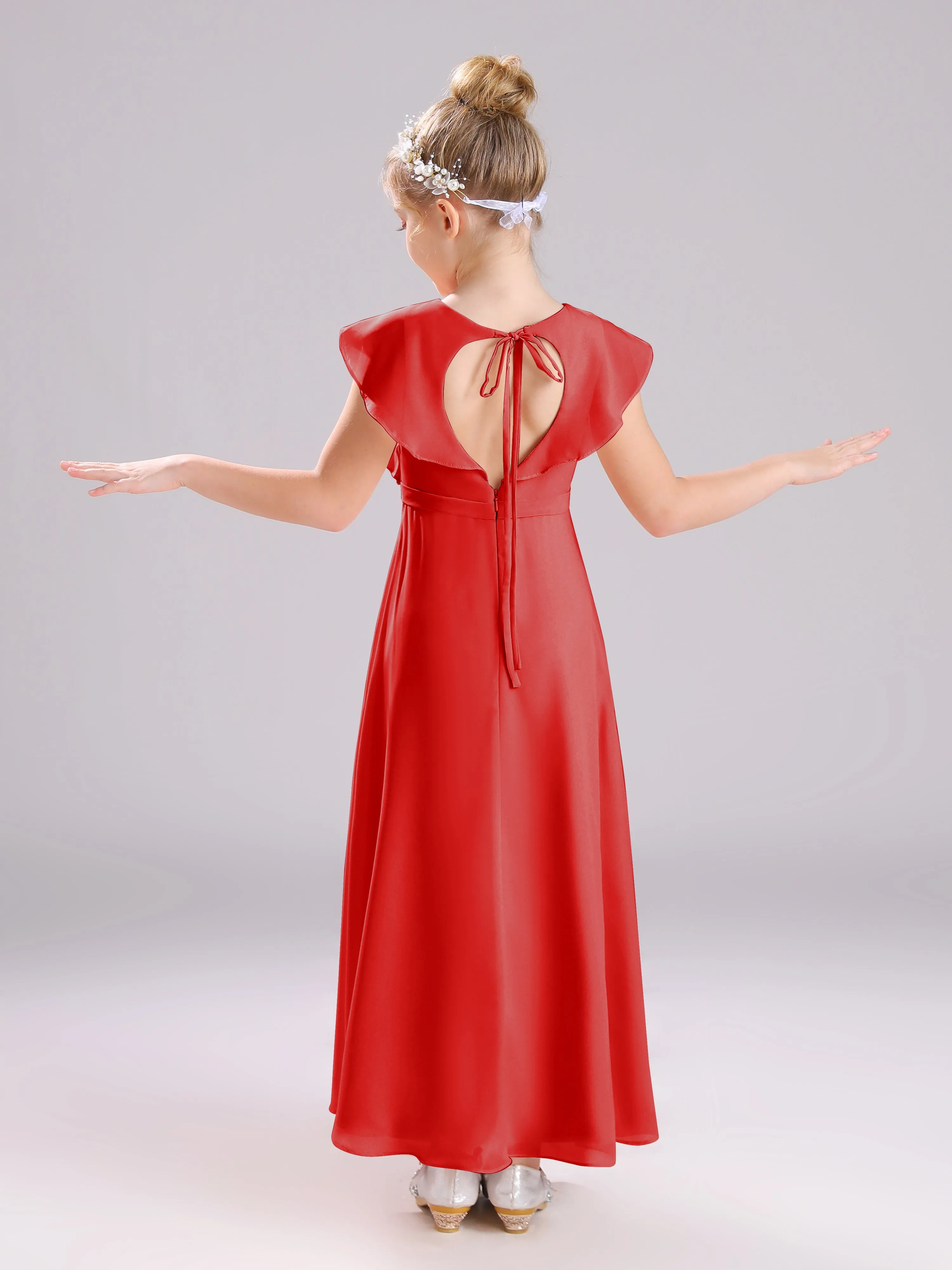 Cap Sleeves V-Neck Open Back Chiffon Junior Bridesmaid Dresses