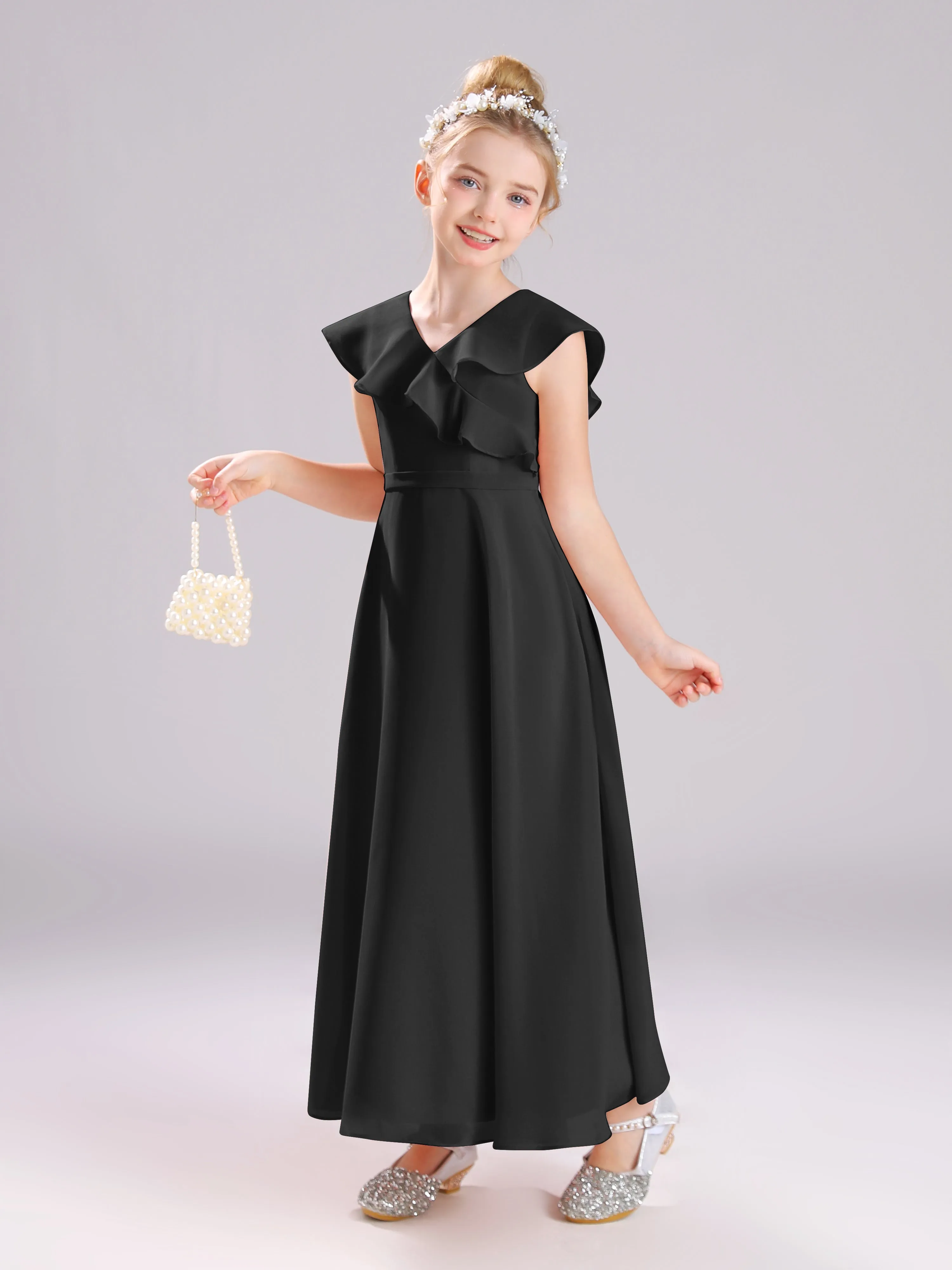 Cap Sleeves V-Neck Open Back Chiffon Junior Bridesmaid Dresses