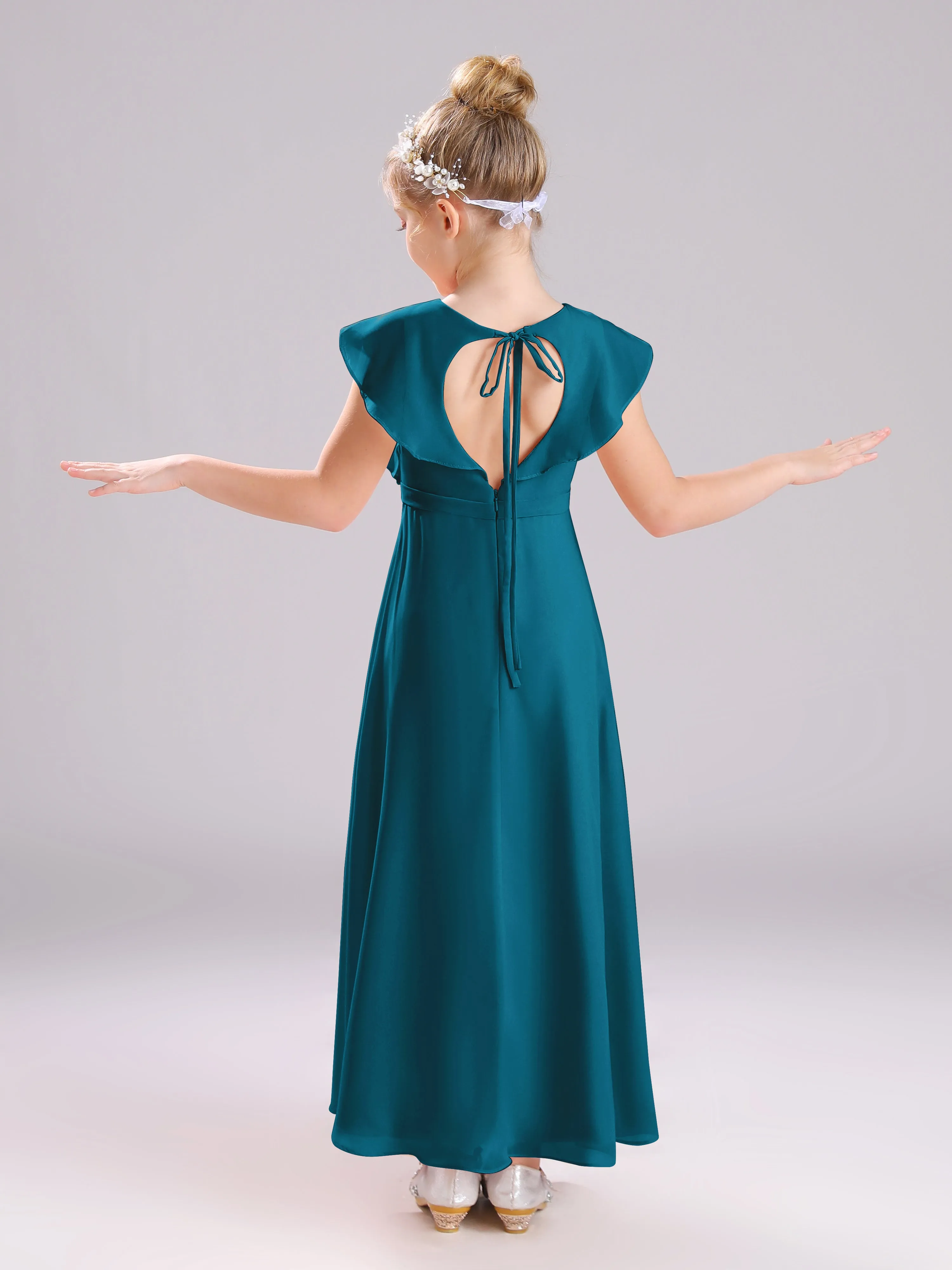 Cap Sleeves V-Neck Open Back Chiffon Junior Bridesmaid Dresses