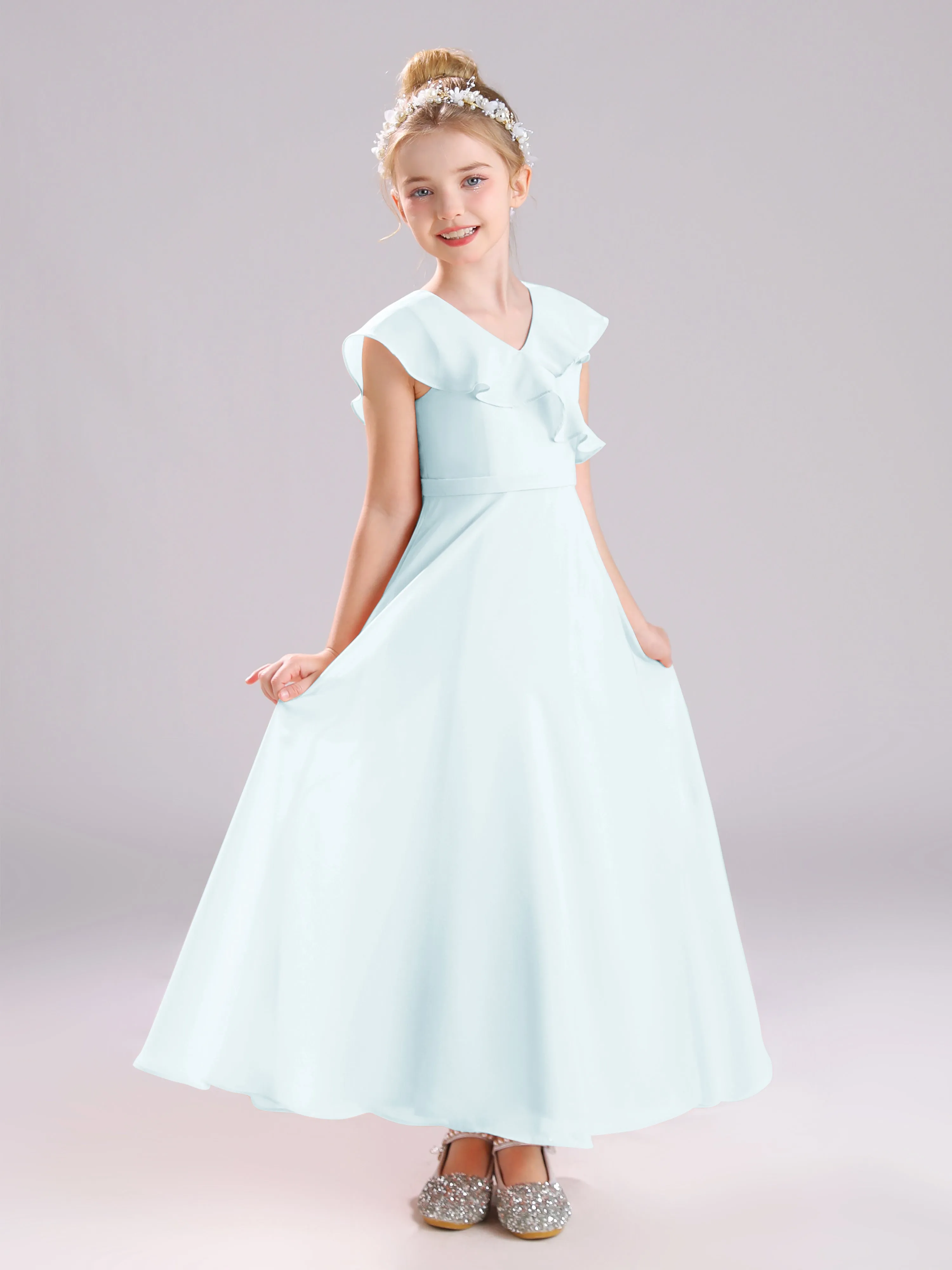 Cap Sleeves V-Neck Open Back Chiffon Junior Bridesmaid Dresses