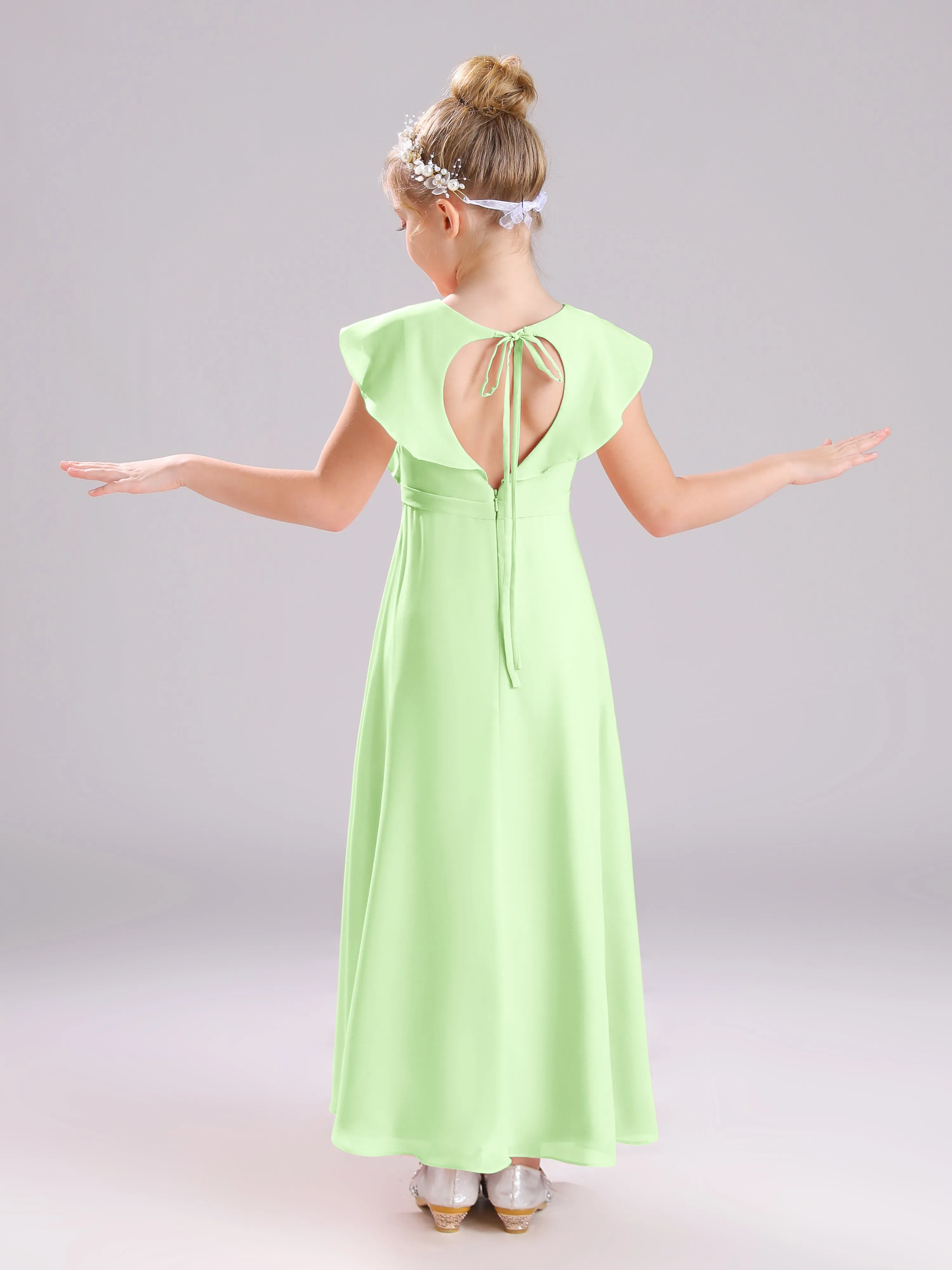 Cap Sleeves V-Neck Open Back Chiffon Junior Bridesmaid Dresses