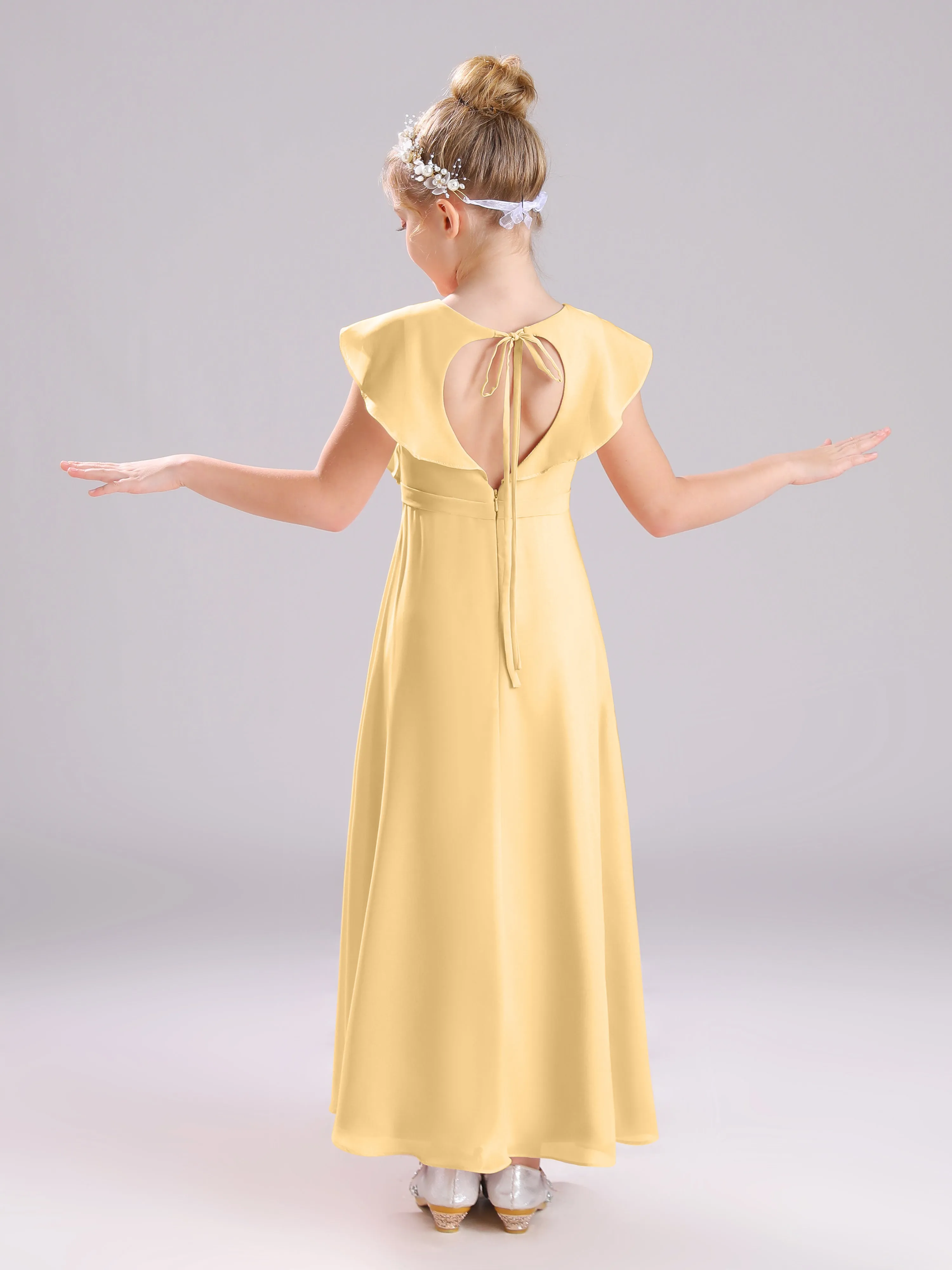 Cap Sleeves V-Neck Open Back Chiffon Junior Bridesmaid Dresses