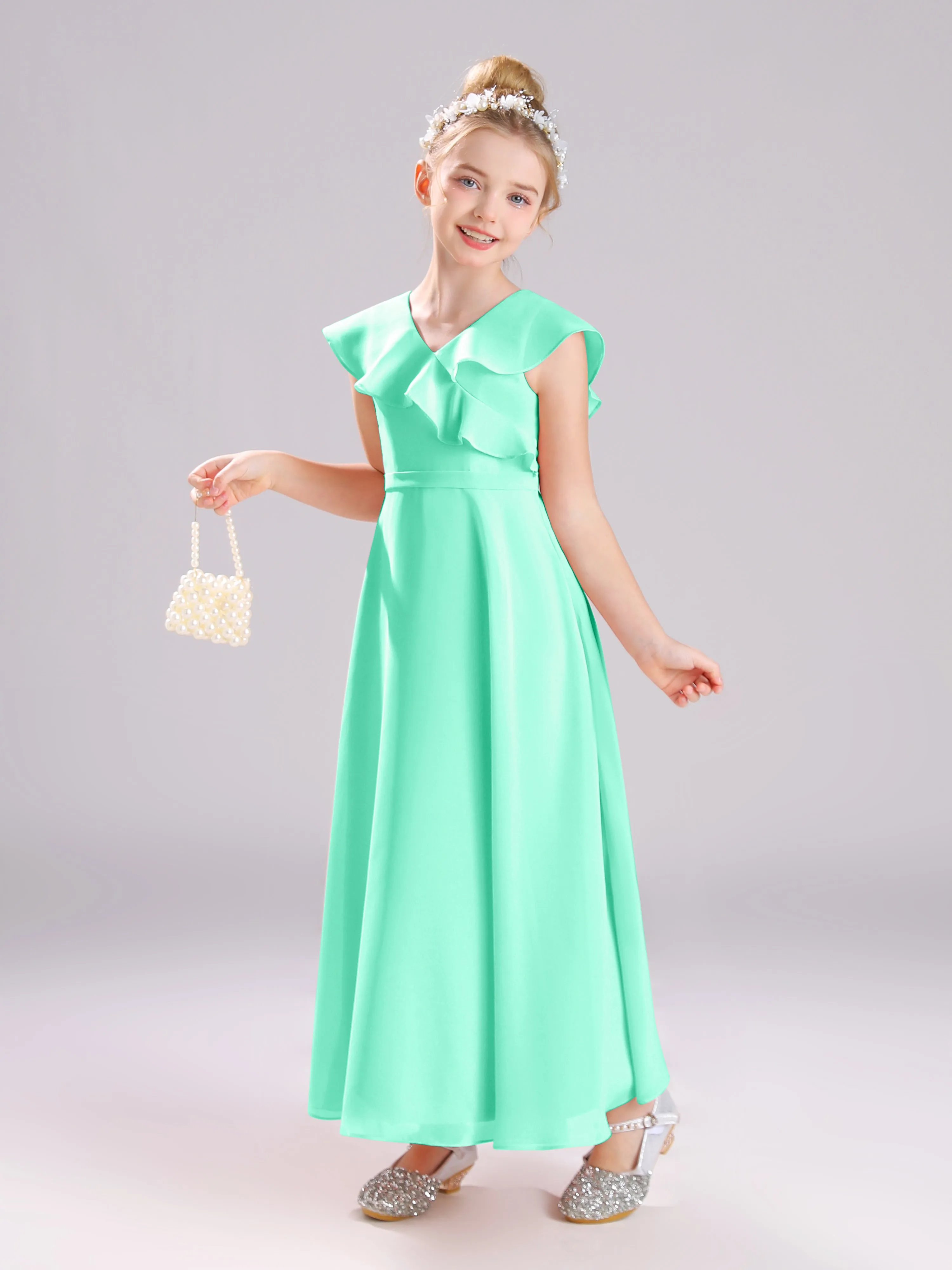 Cap Sleeves V-Neck Open Back Chiffon Junior Bridesmaid Dresses