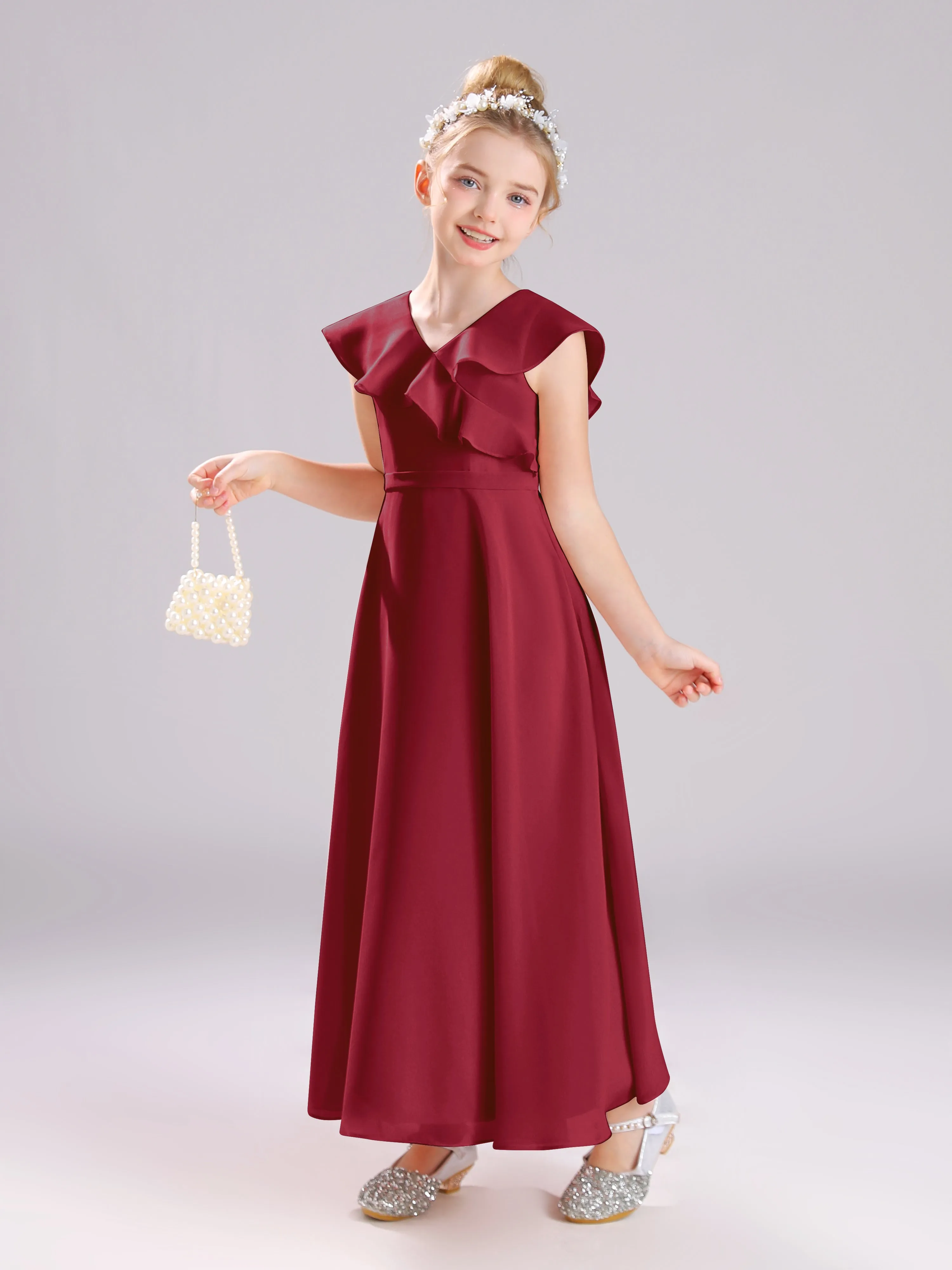 Cap Sleeves V-Neck Open Back Chiffon Junior Bridesmaid Dresses