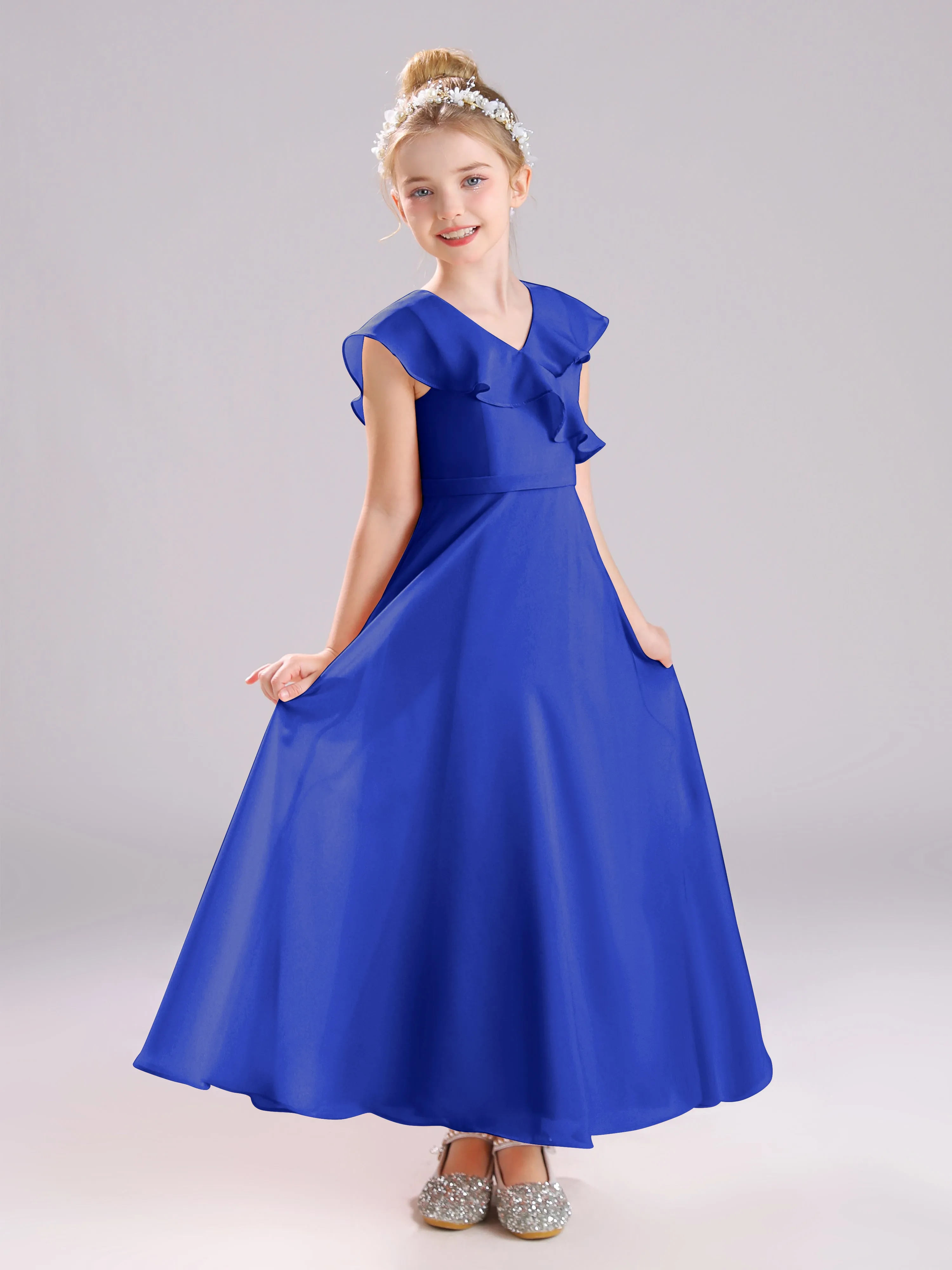 Cap Sleeves V-Neck Open Back Chiffon Junior Bridesmaid Dresses