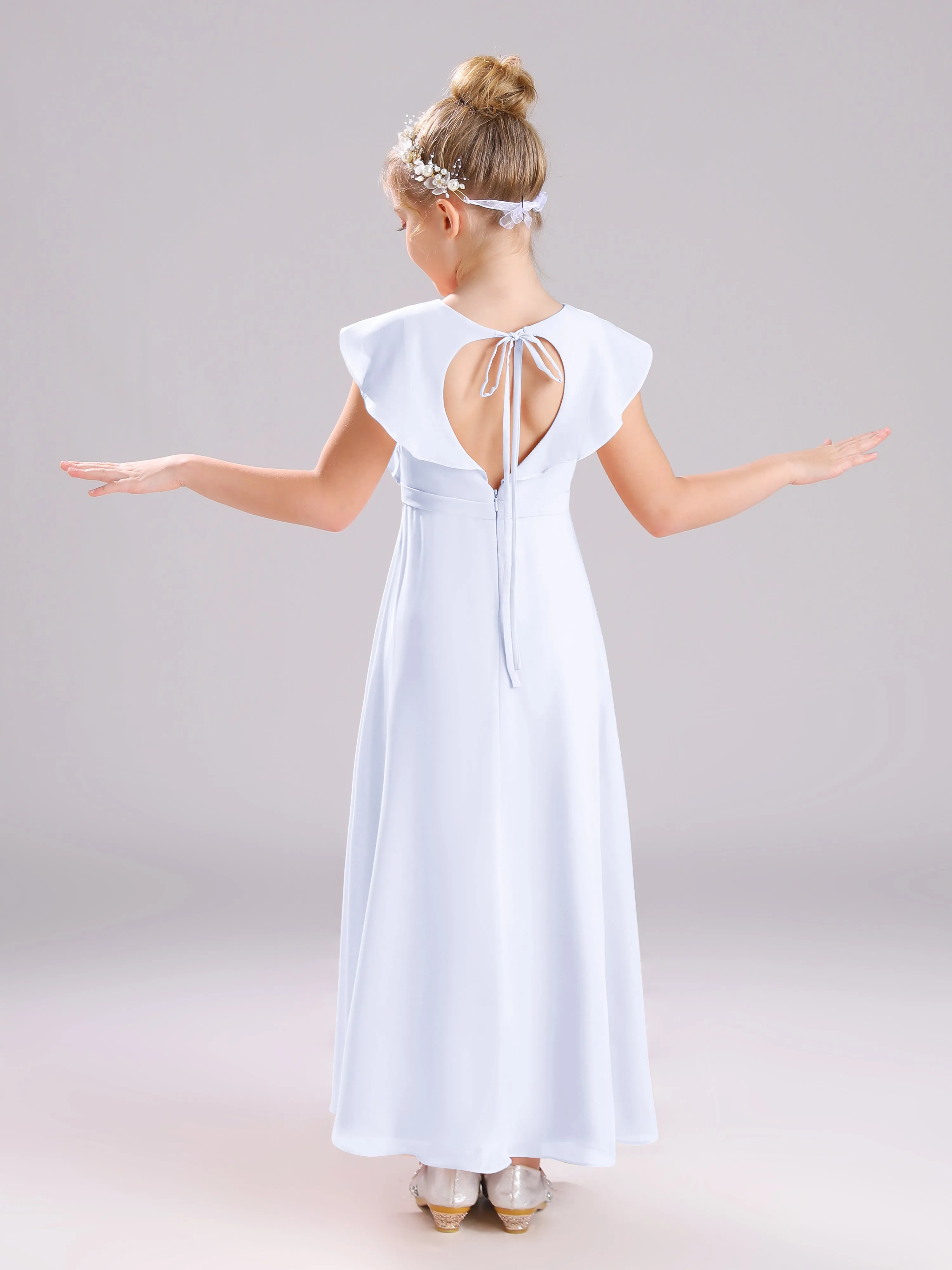 Cap Sleeves V-Neck Open Back Chiffon Junior Bridesmaid Dresses