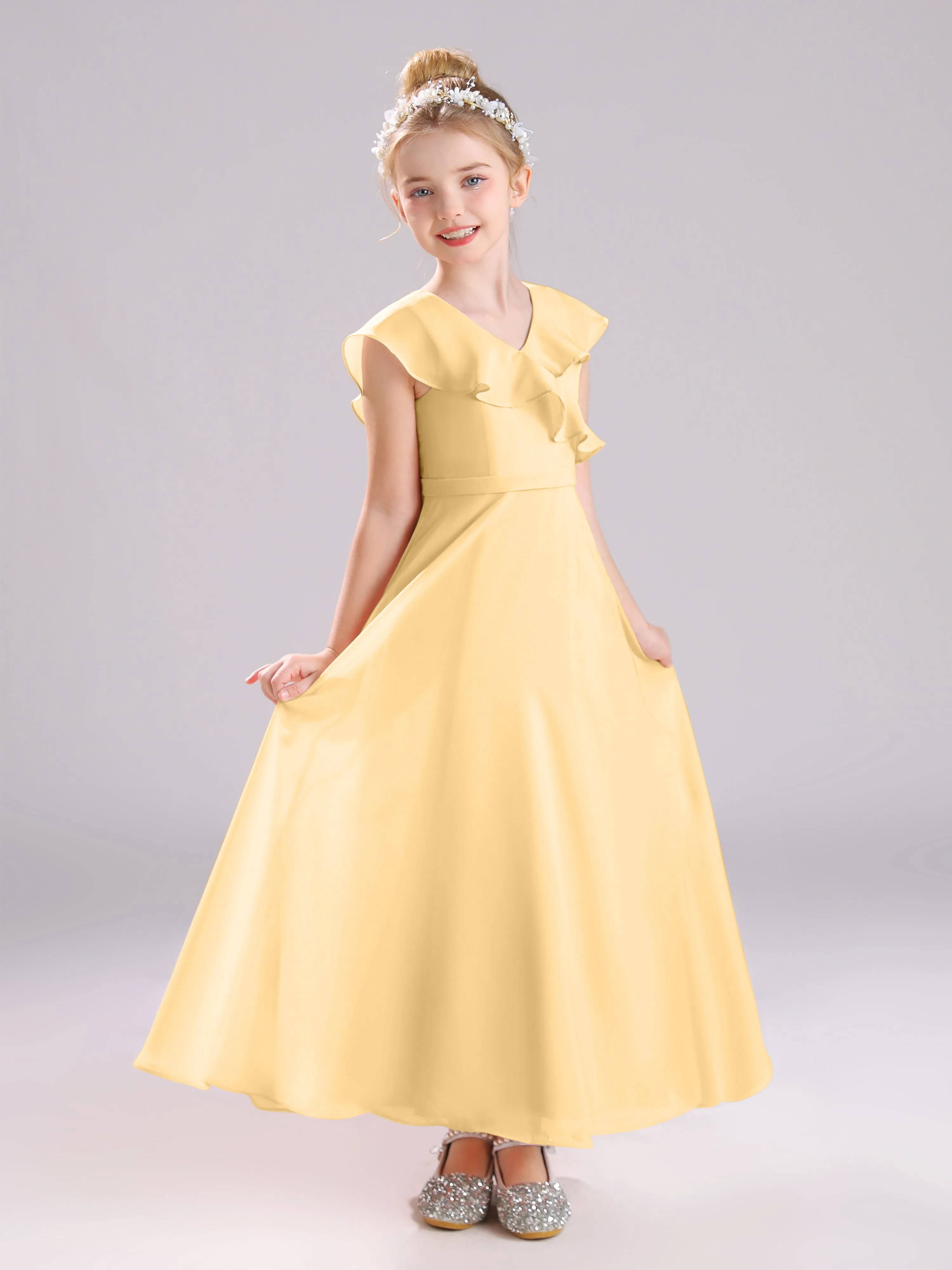Cap Sleeves V-Neck Open Back Chiffon Junior Bridesmaid Dresses