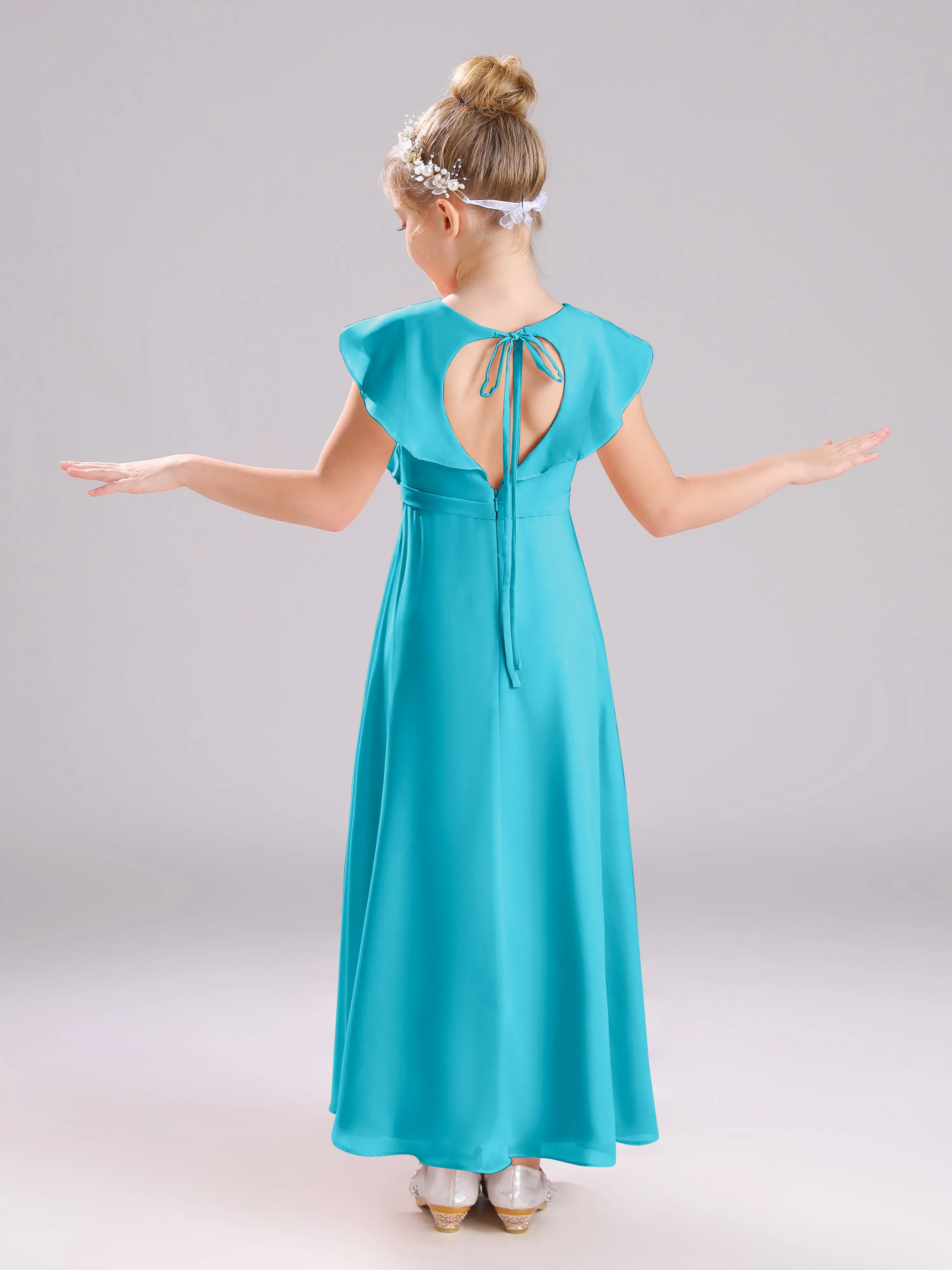 Cap Sleeves V-Neck Open Back Chiffon Junior Bridesmaid Dresses