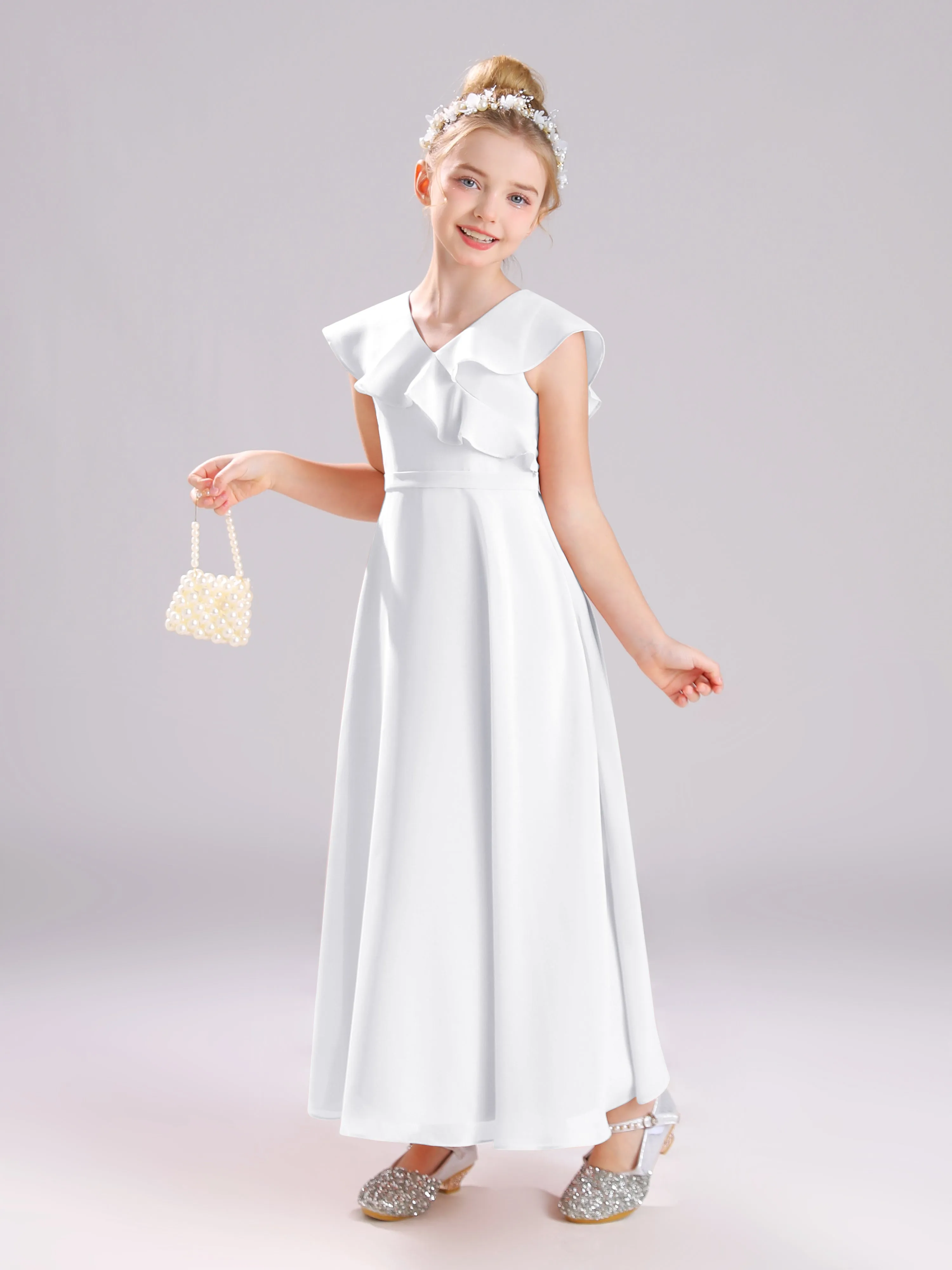 Cap Sleeves V-Neck Open Back Chiffon Junior Bridesmaid Dresses