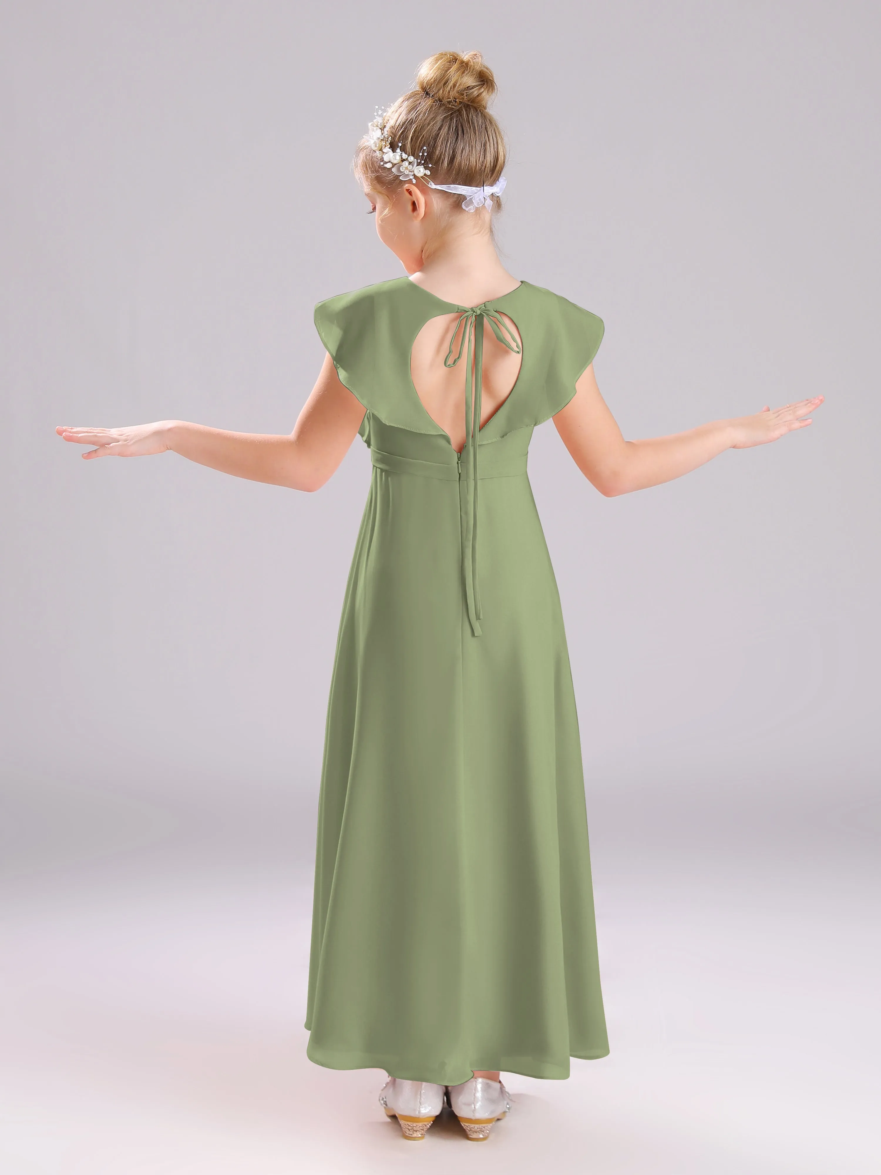 Cap Sleeves V-Neck Open Back Chiffon Junior Bridesmaid Dresses