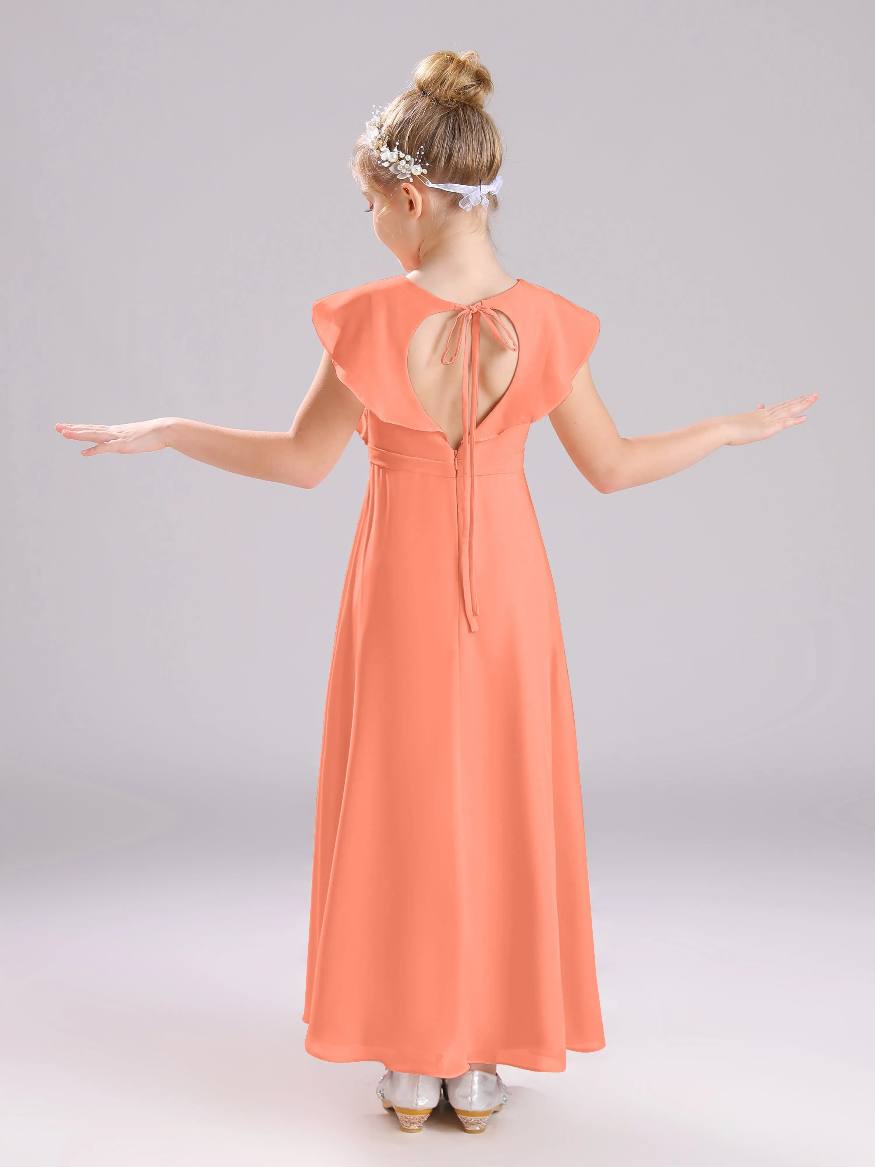 Cap Sleeves V-Neck Open Back Chiffon Junior Bridesmaid Dresses