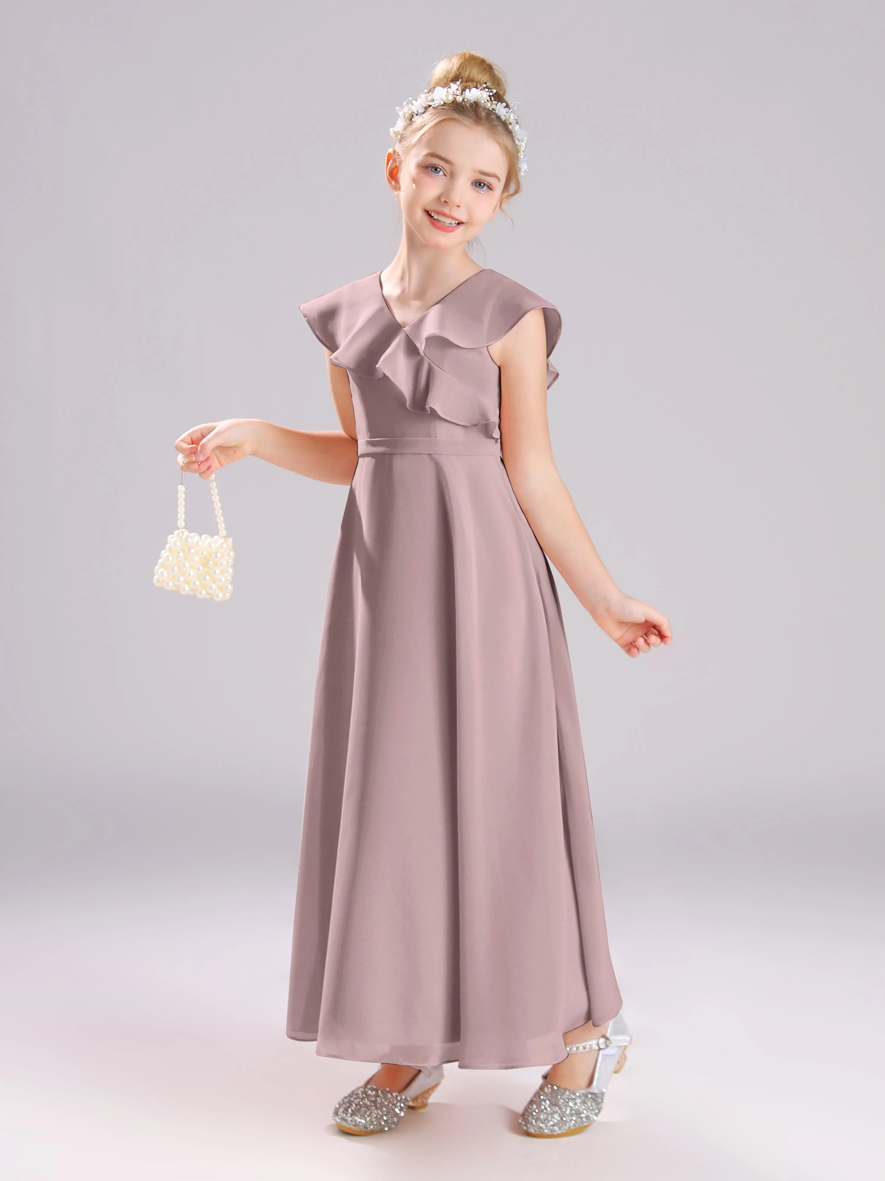 Cap Sleeves V-Neck Open Back Chiffon Junior Bridesmaid Dresses