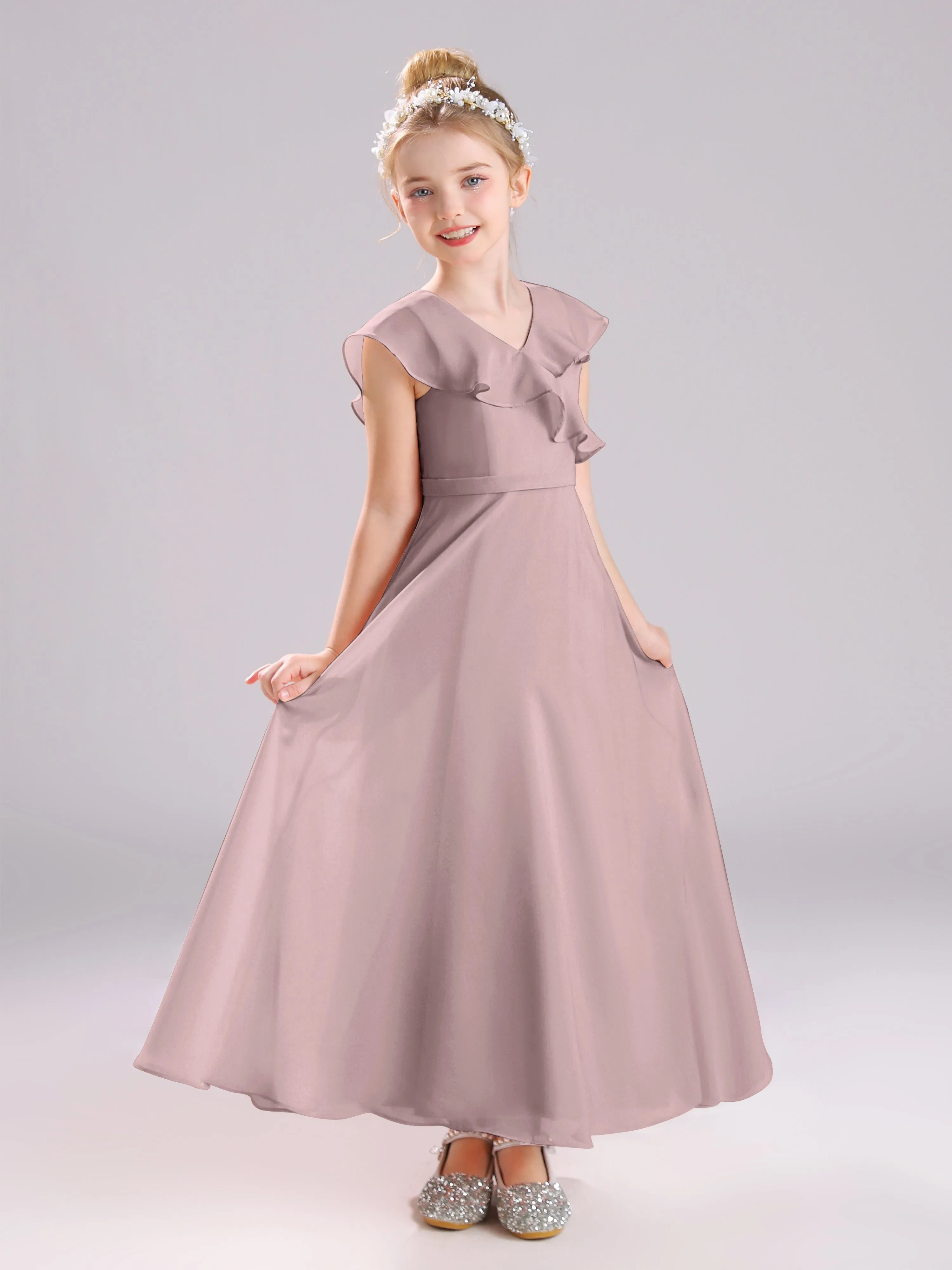 Cap Sleeves V-Neck Open Back Chiffon Junior Bridesmaid Dresses