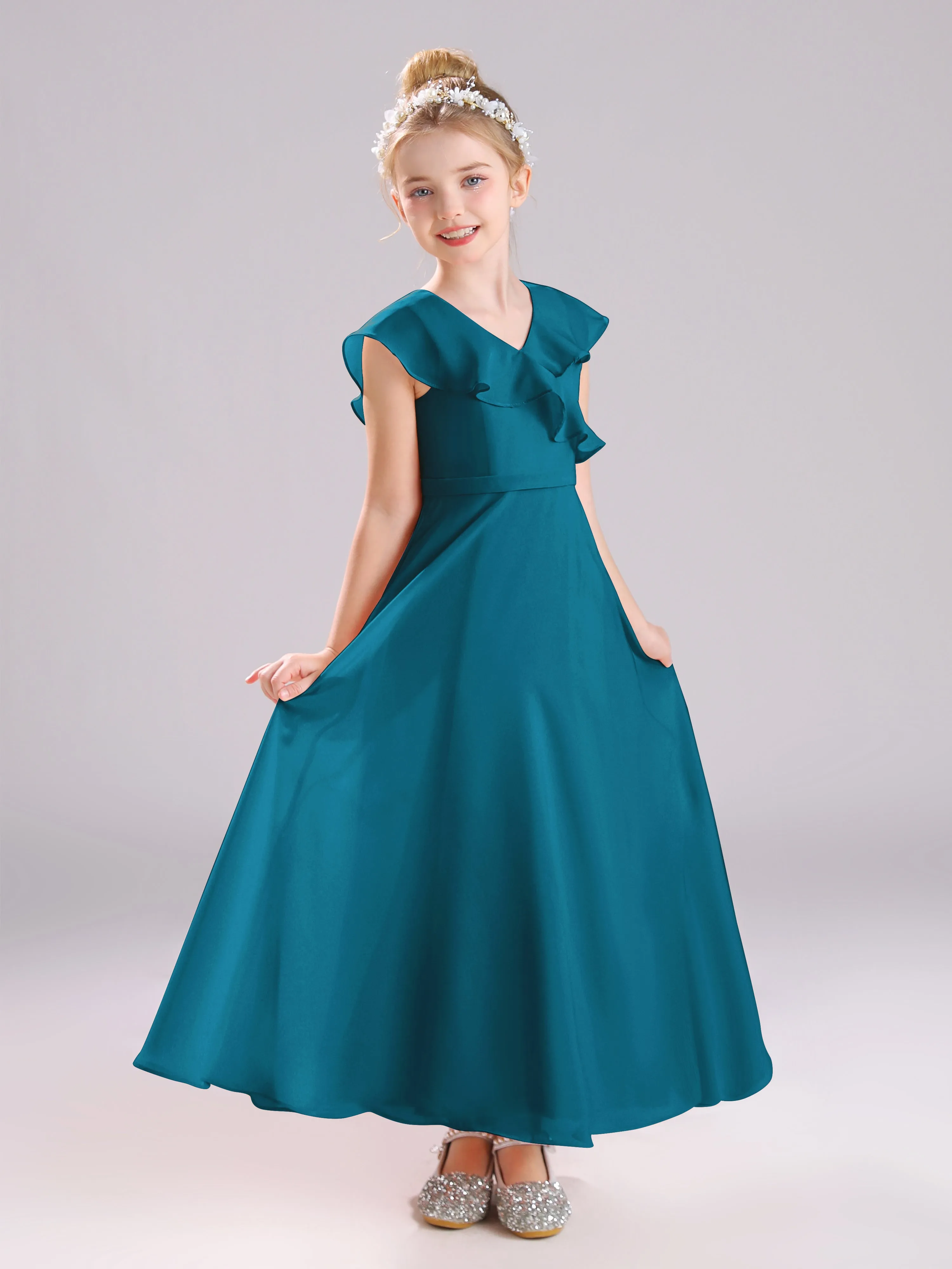 Cap Sleeves V-Neck Open Back Chiffon Junior Bridesmaid Dresses