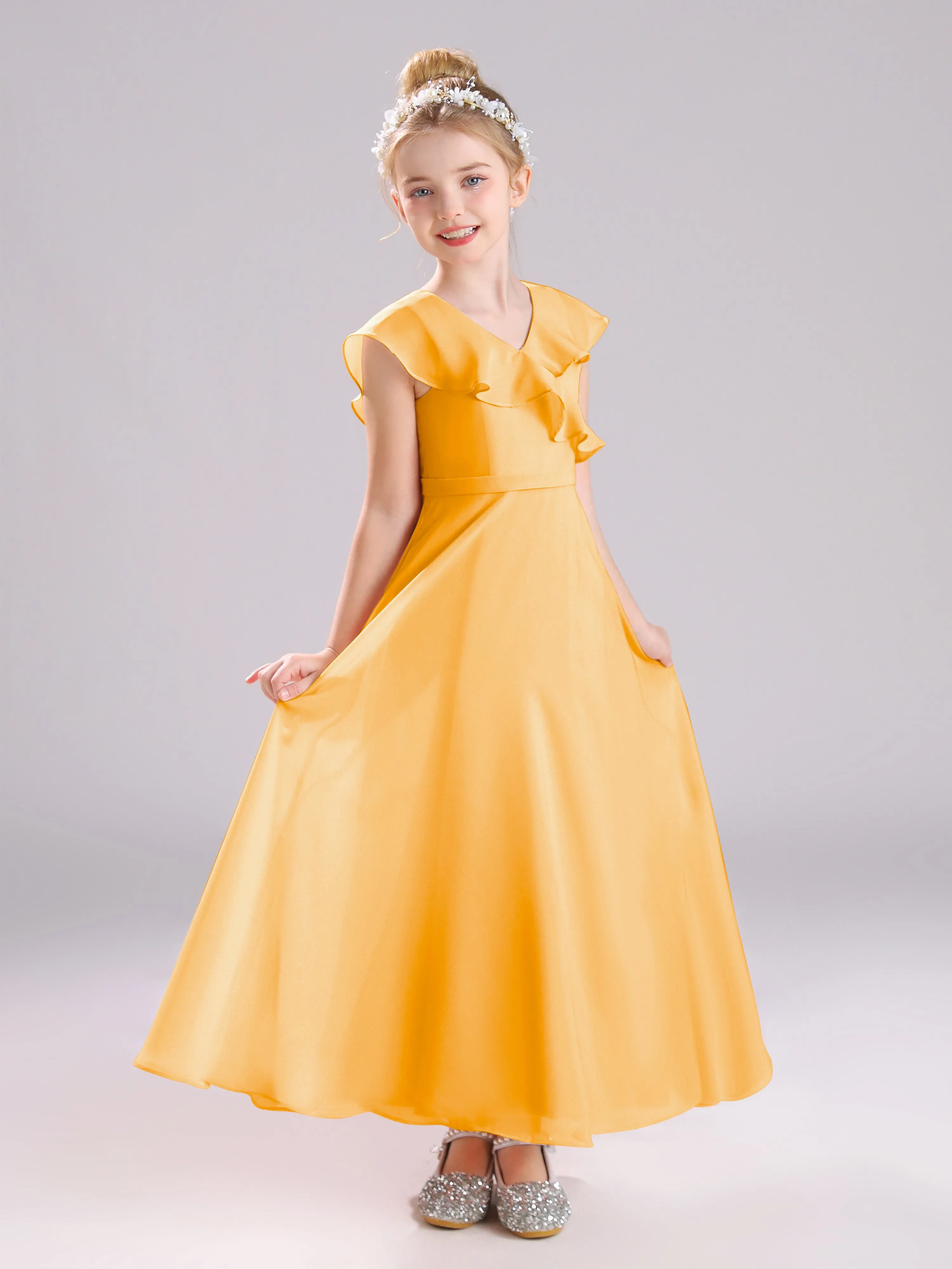 Cap Sleeves V-Neck Open Back Chiffon Junior Bridesmaid Dresses
