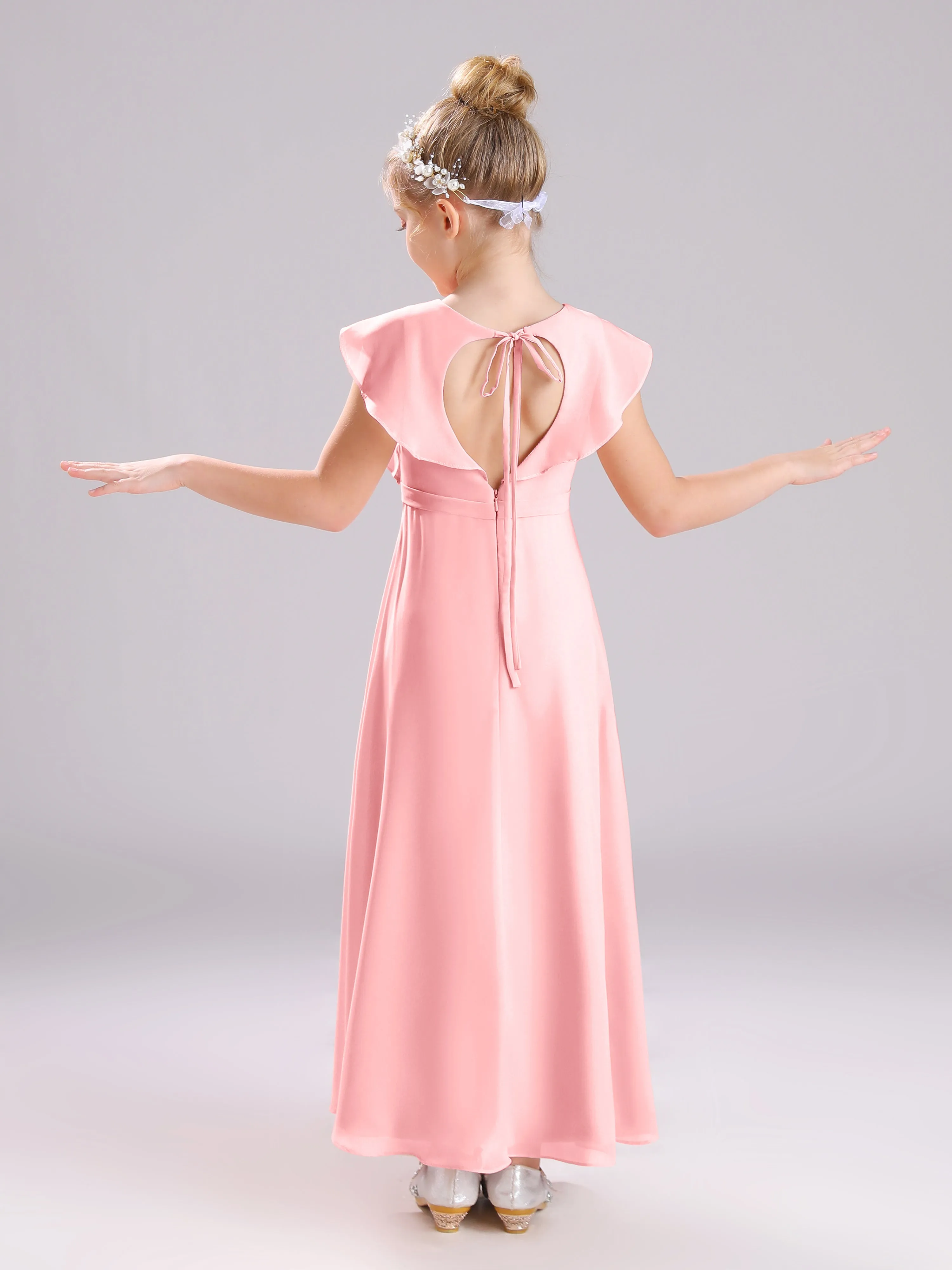 Cap Sleeves V-Neck Open Back Chiffon Junior Bridesmaid Dresses