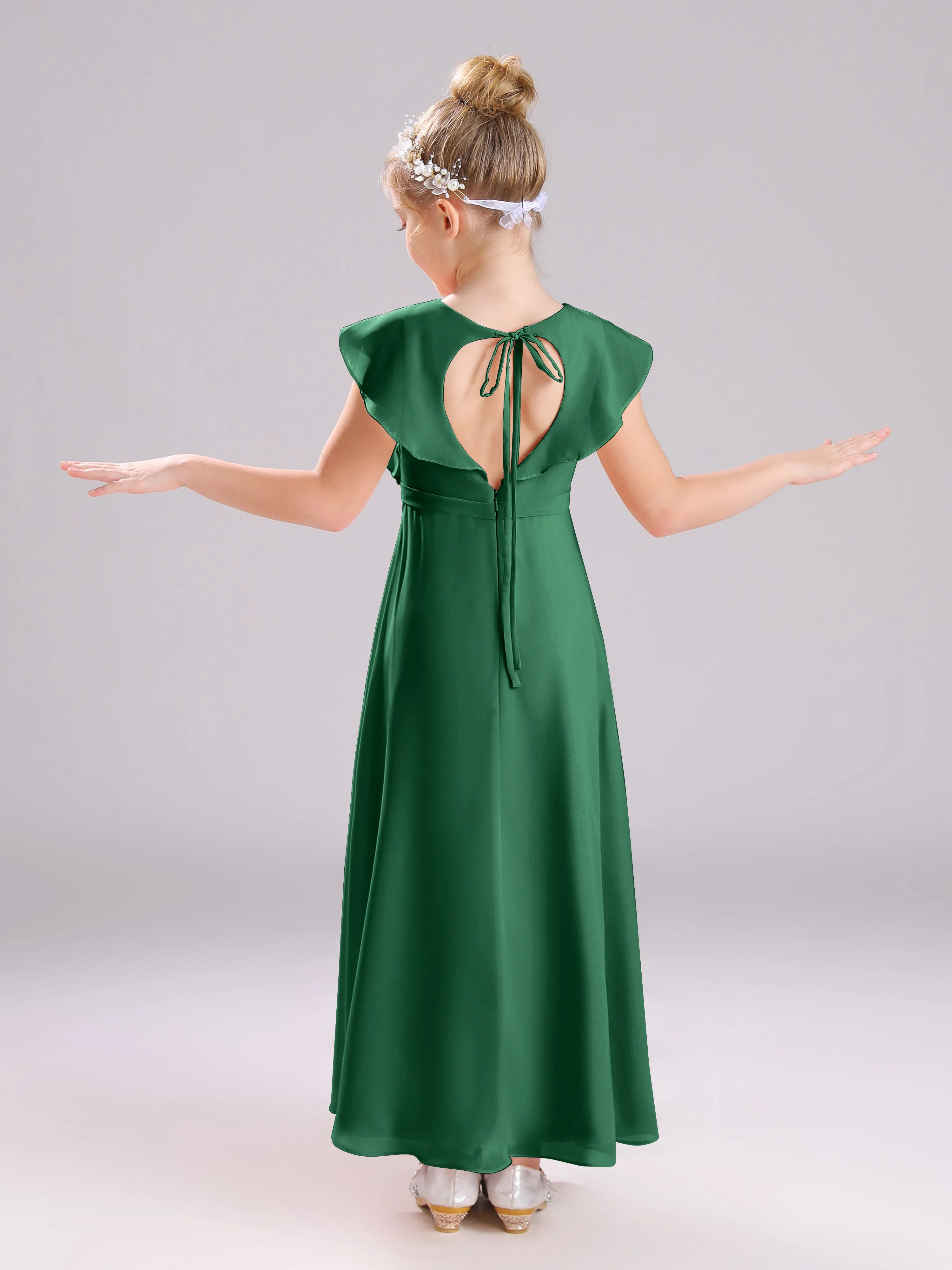 Cap Sleeves V-Neck Open Back Chiffon Junior Bridesmaid Dresses