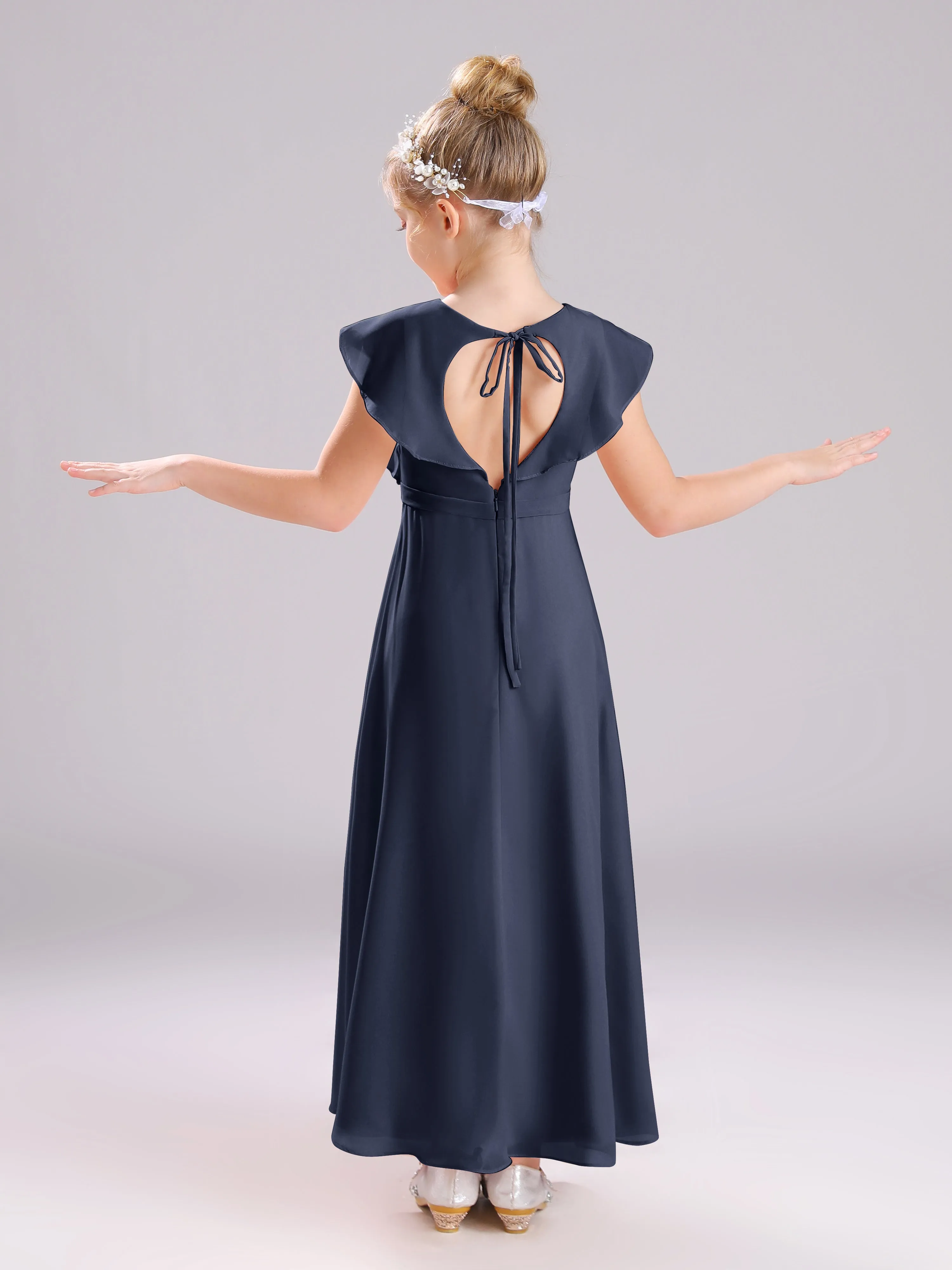 Cap Sleeves V-Neck Open Back Chiffon Junior Bridesmaid Dresses