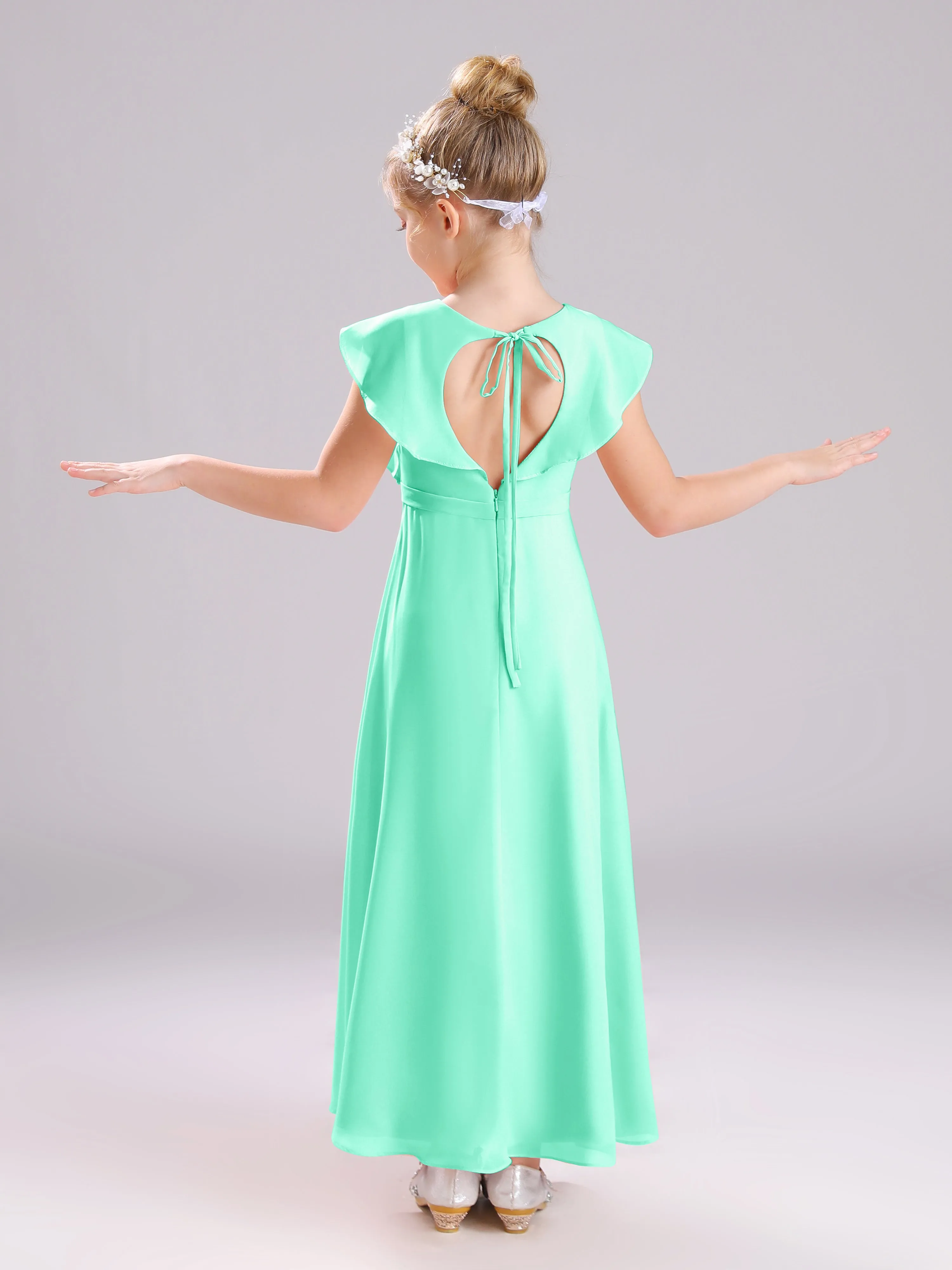 Cap Sleeves V-Neck Open Back Chiffon Junior Bridesmaid Dresses