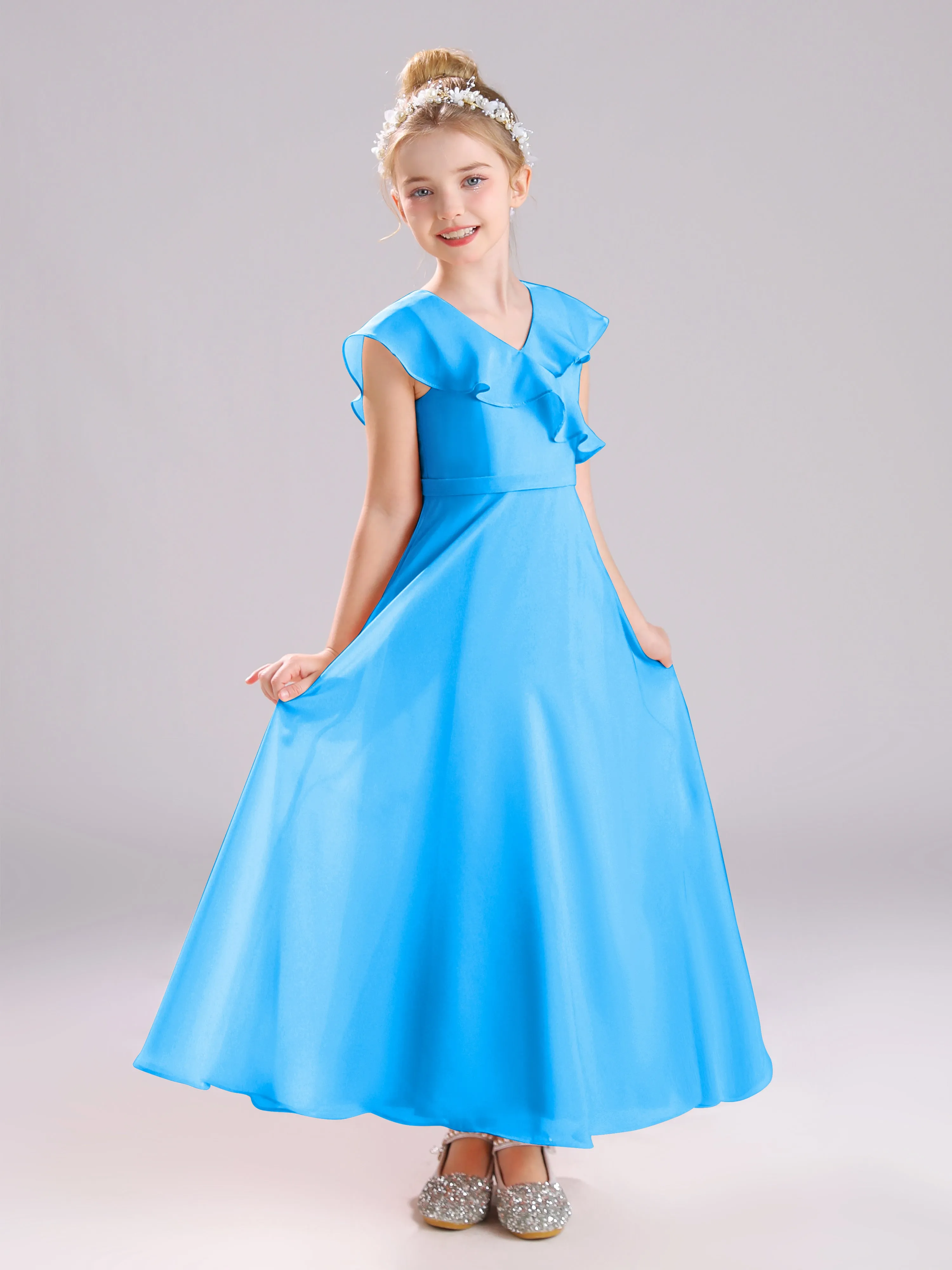 Cap Sleeves V-Neck Open Back Chiffon Junior Bridesmaid Dresses