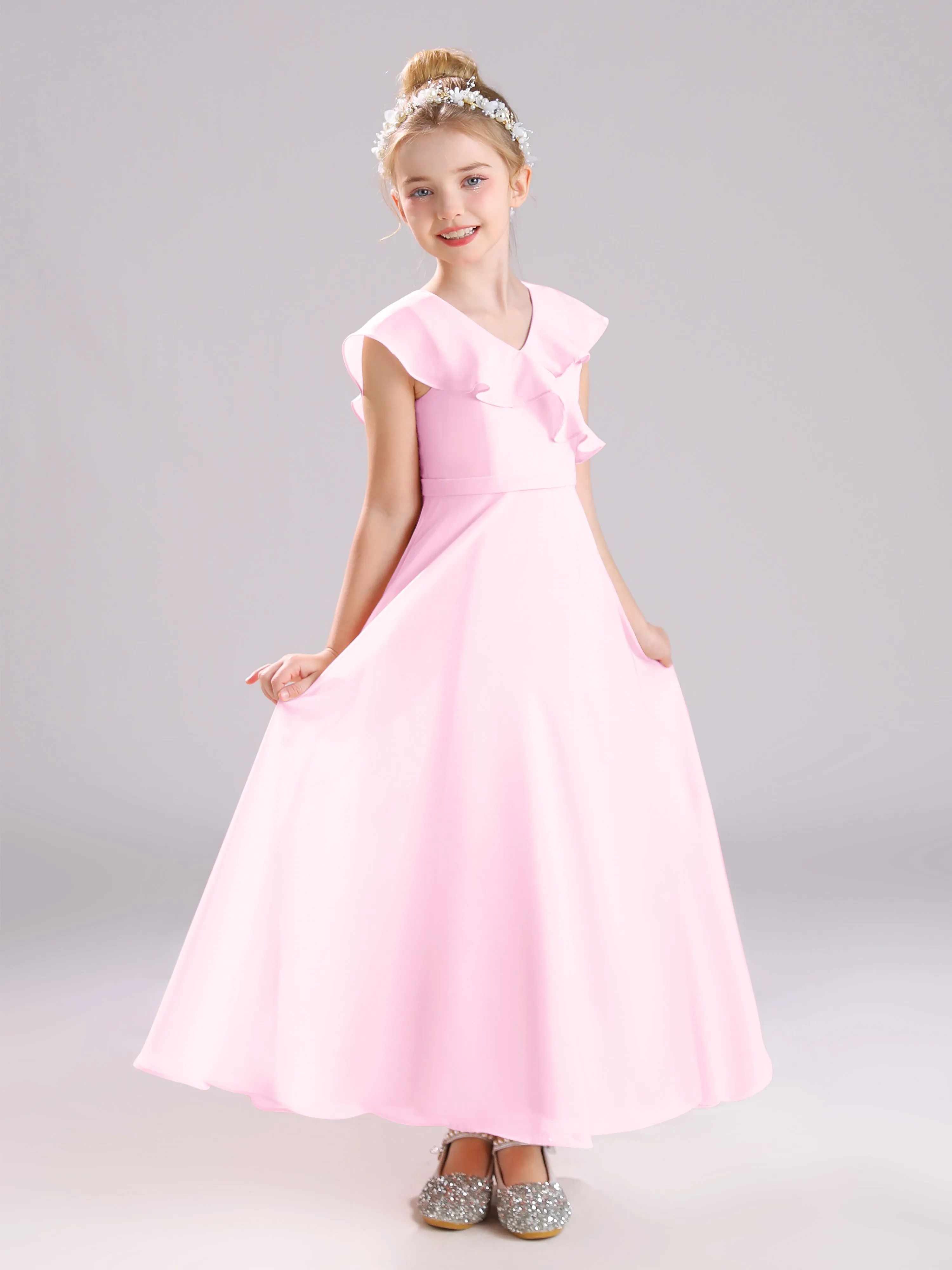 Cap Sleeves V-Neck Open Back Chiffon Junior Bridesmaid Dresses