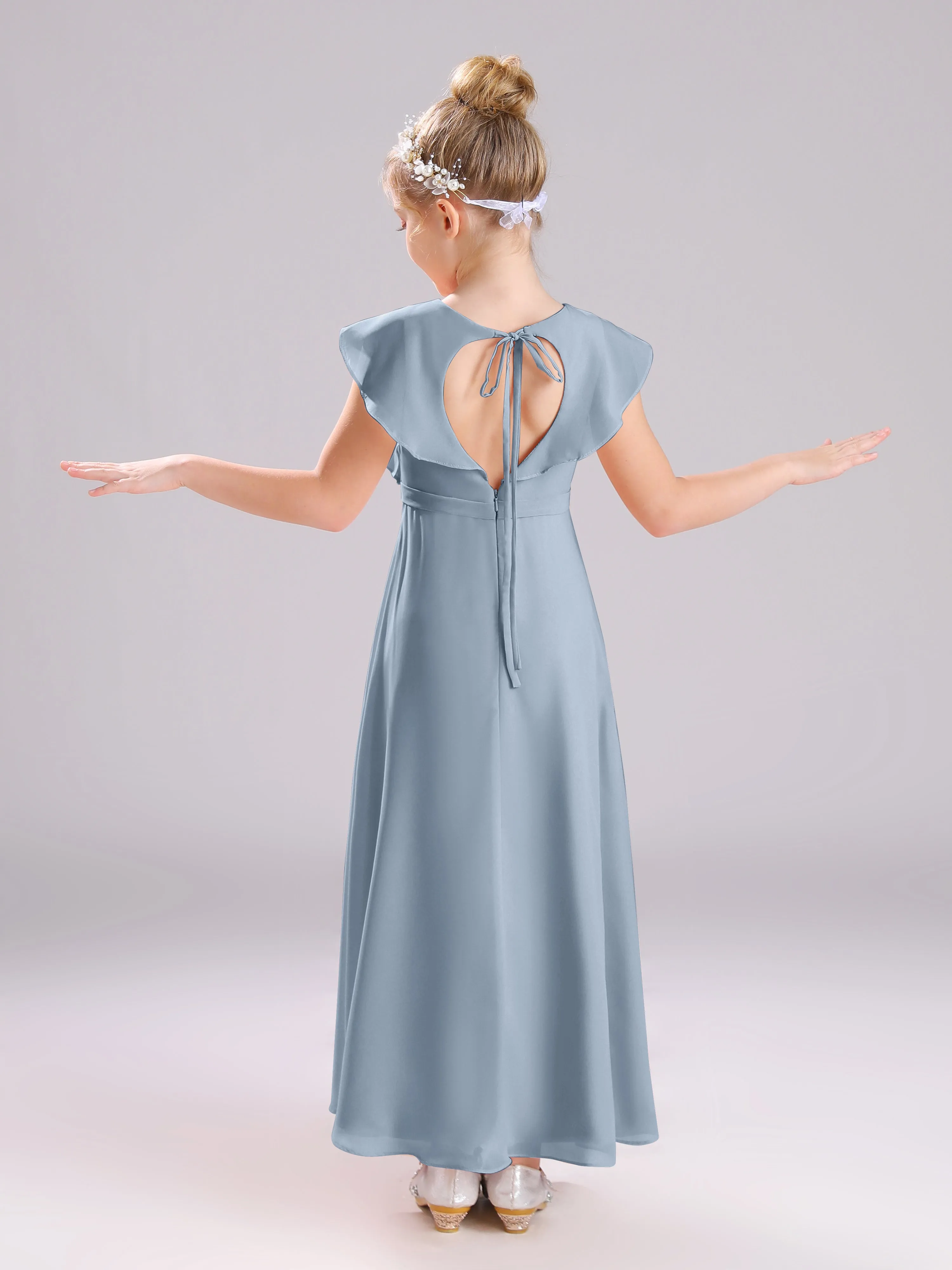 Cap Sleeves V-Neck Open Back Chiffon Junior Bridesmaid Dresses