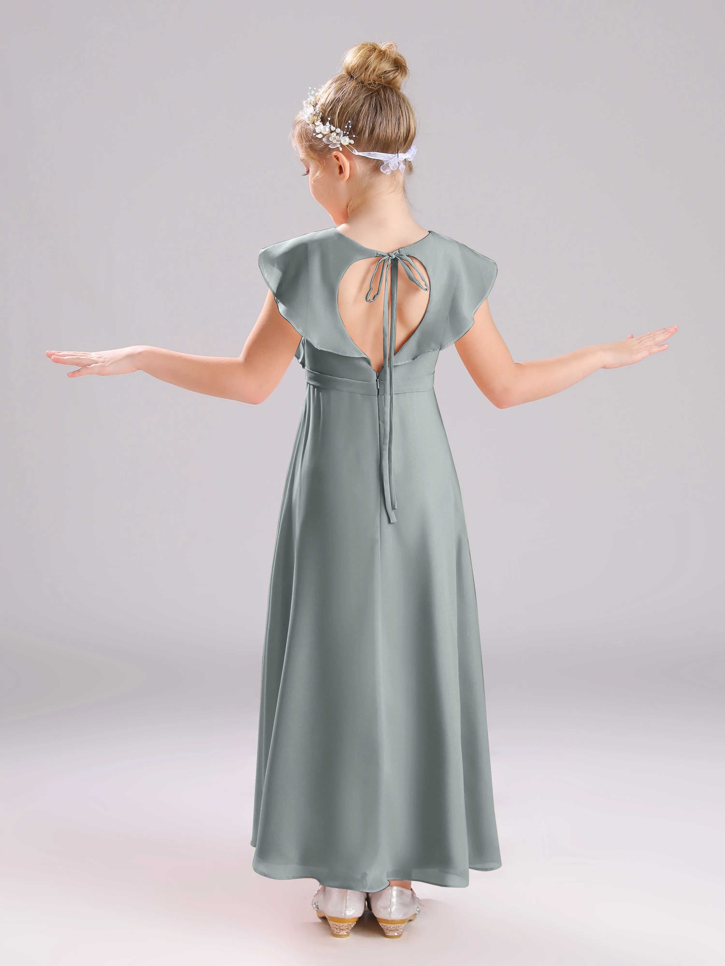 Cap Sleeves V-Neck Open Back Chiffon Junior Bridesmaid Dresses