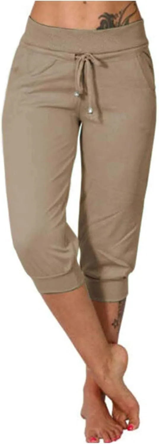 Capri Pants for Women Summer High Waisted Capris Pant Cropped Trouser Pants Stretchy Cinch Bottom Pant with Pocket