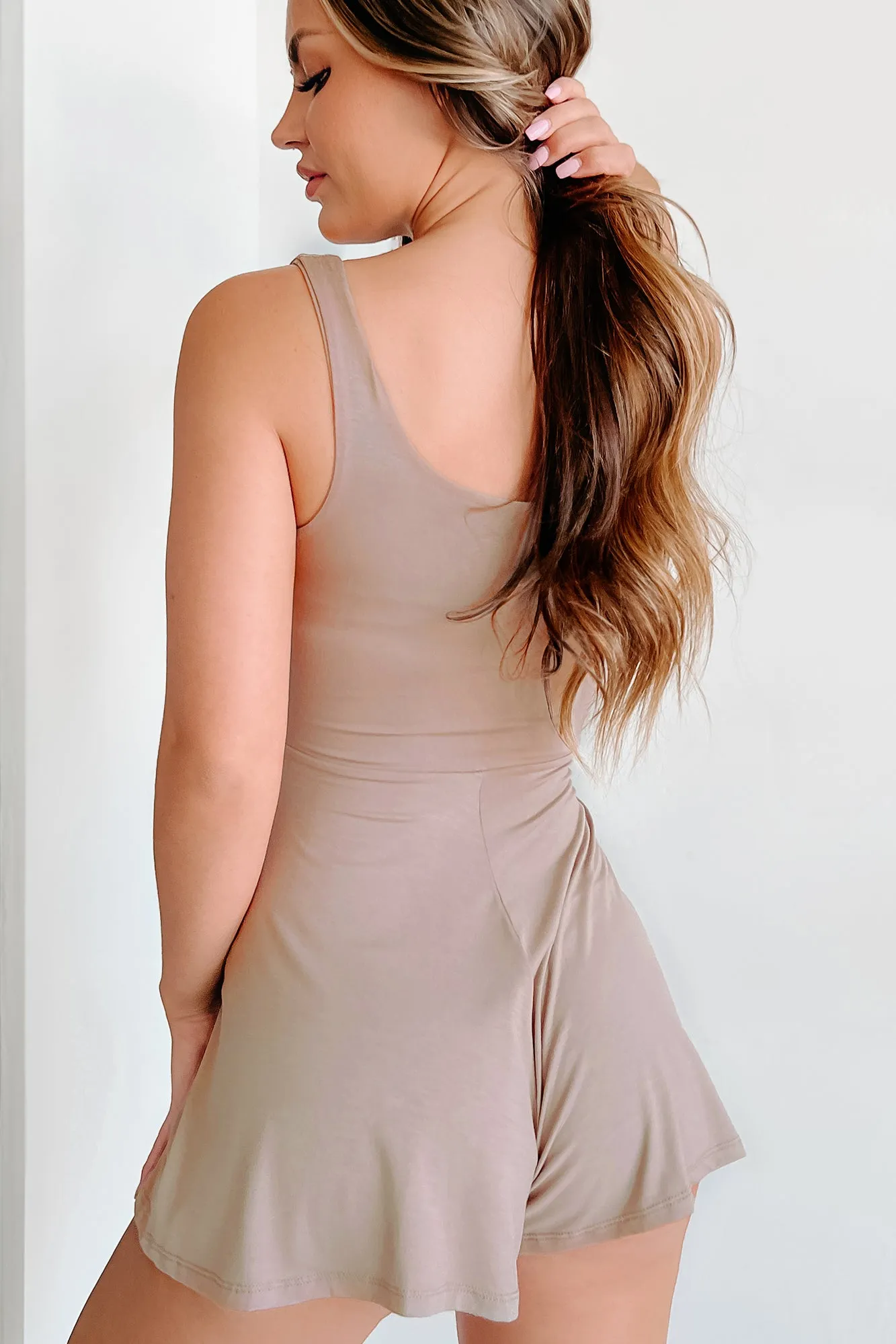 Change In Perception Sleeveless Tie-Waist Romper (Mocha)