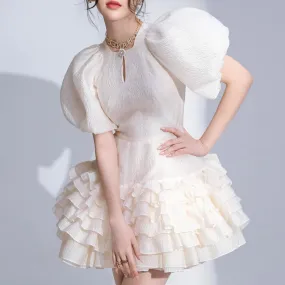 Chic Whirl: Puff Sleeve Jacquard Ruffled A-line Dress