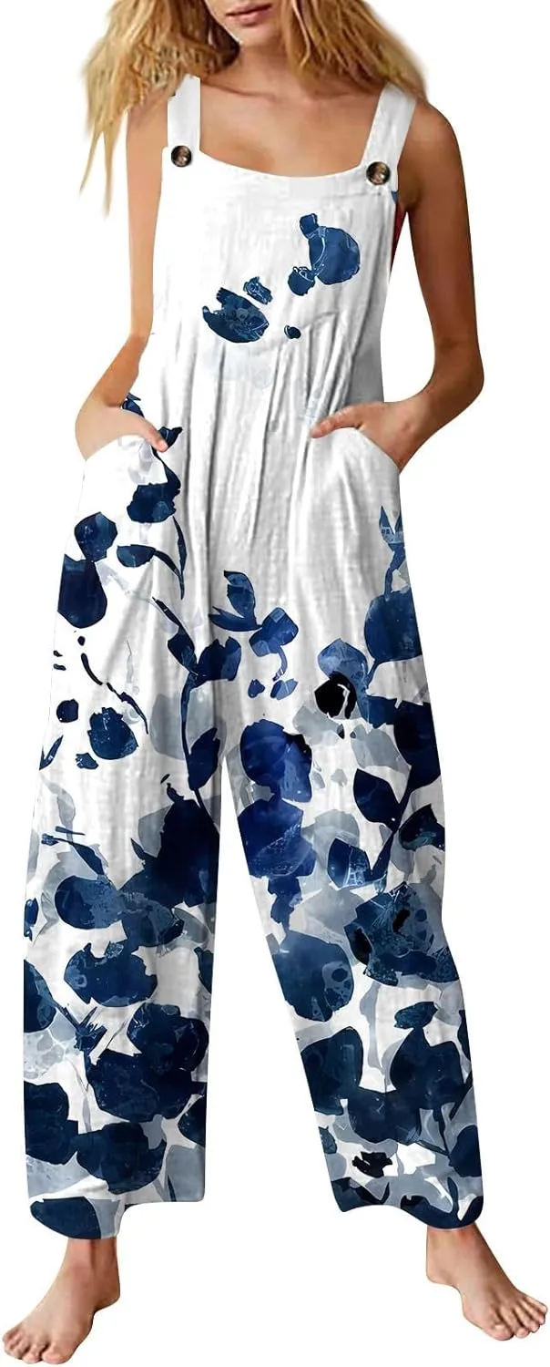 Cotton Linen Jumpsuits for Women Summer Sleeveless Patchwork Rompers Floral Print Wide Leg Bib Overalls with Pockets