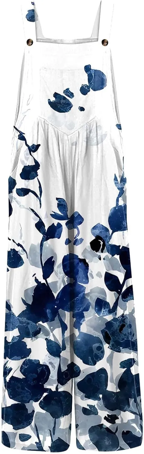 Cotton Linen Jumpsuits for Women Summer Sleeveless Patchwork Rompers Floral Print Wide Leg Bib Overalls with Pockets
