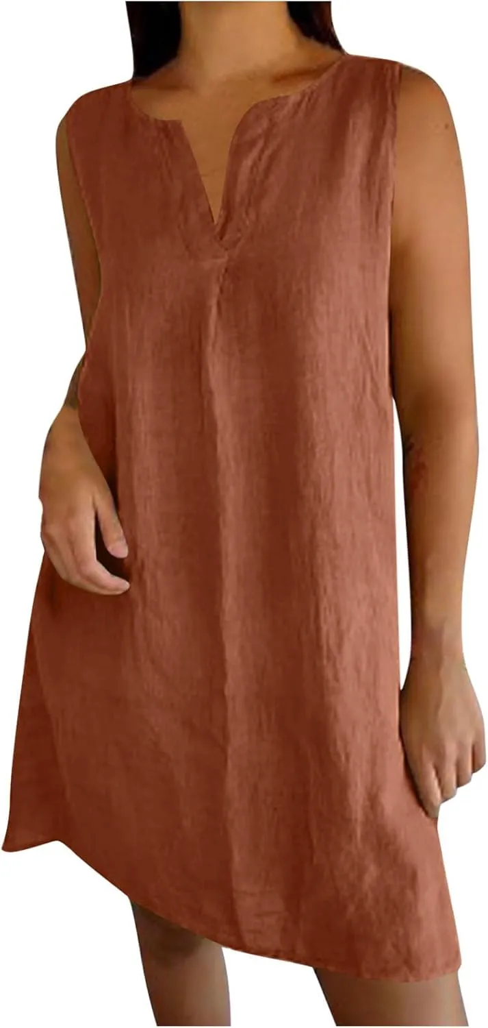 Cotton Linen Tank Dress for Women Sleeveless V Neck Beach Tshirt Sundress 2025 Summer Solid Lightweight Mini Dresses