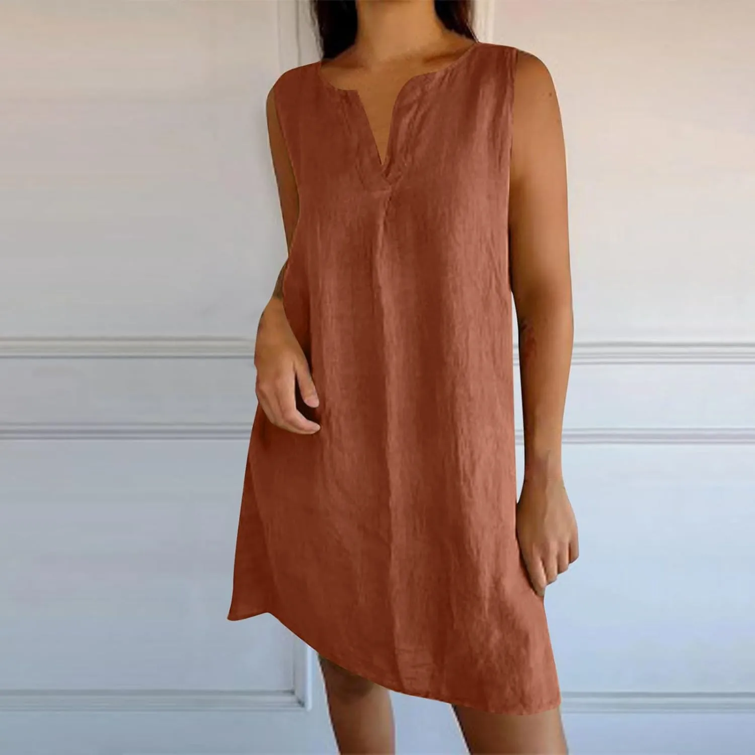 Cotton Linen Tank Dress for Women Sleeveless V Neck Beach Tshirt Sundress 2025 Summer Solid Lightweight Mini Dresses