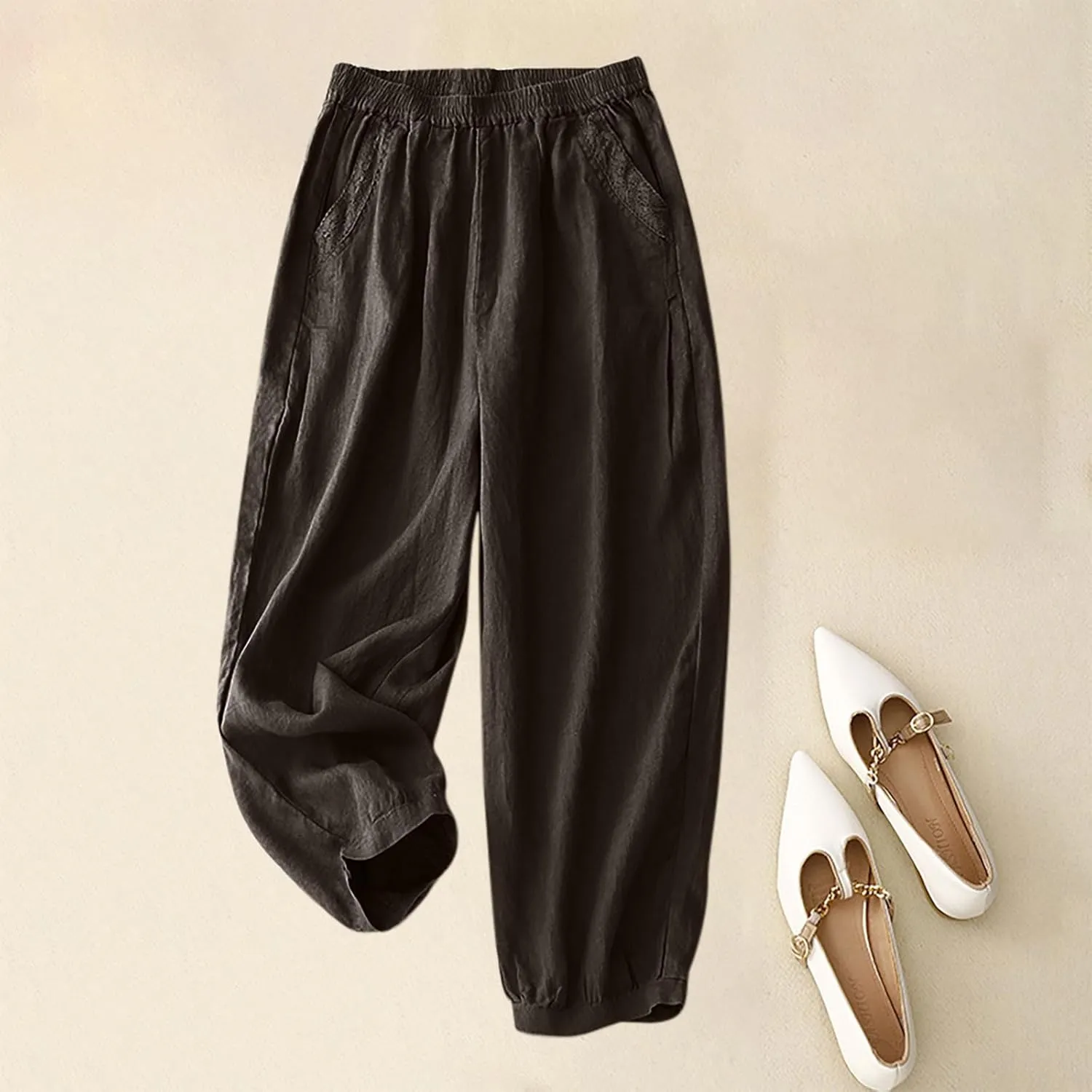 Cotton Linen Trousers Womens Solid Color Loose Straight Pants Casual Soft Lightweight Wide Leg Pants with Pockets