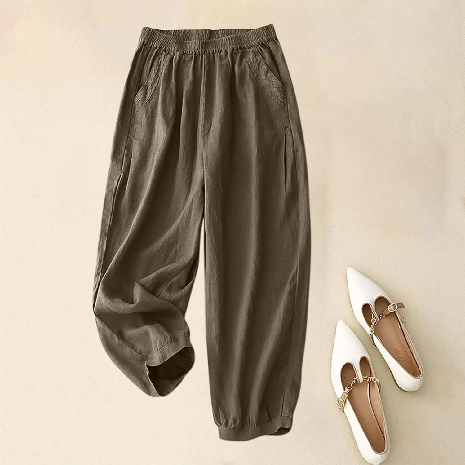 Cotton Linen Trousers Womens Solid Color Loose Straight Pants Casual Soft Lightweight Wide Leg Pants with Pockets