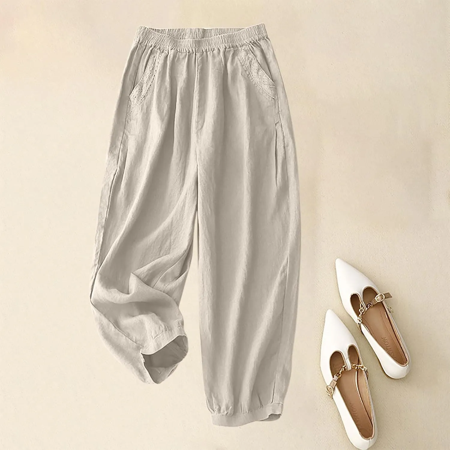 Cotton Linen Trousers Womens Solid Color Loose Straight Pants Casual Soft Lightweight Wide Leg Pants with Pockets
