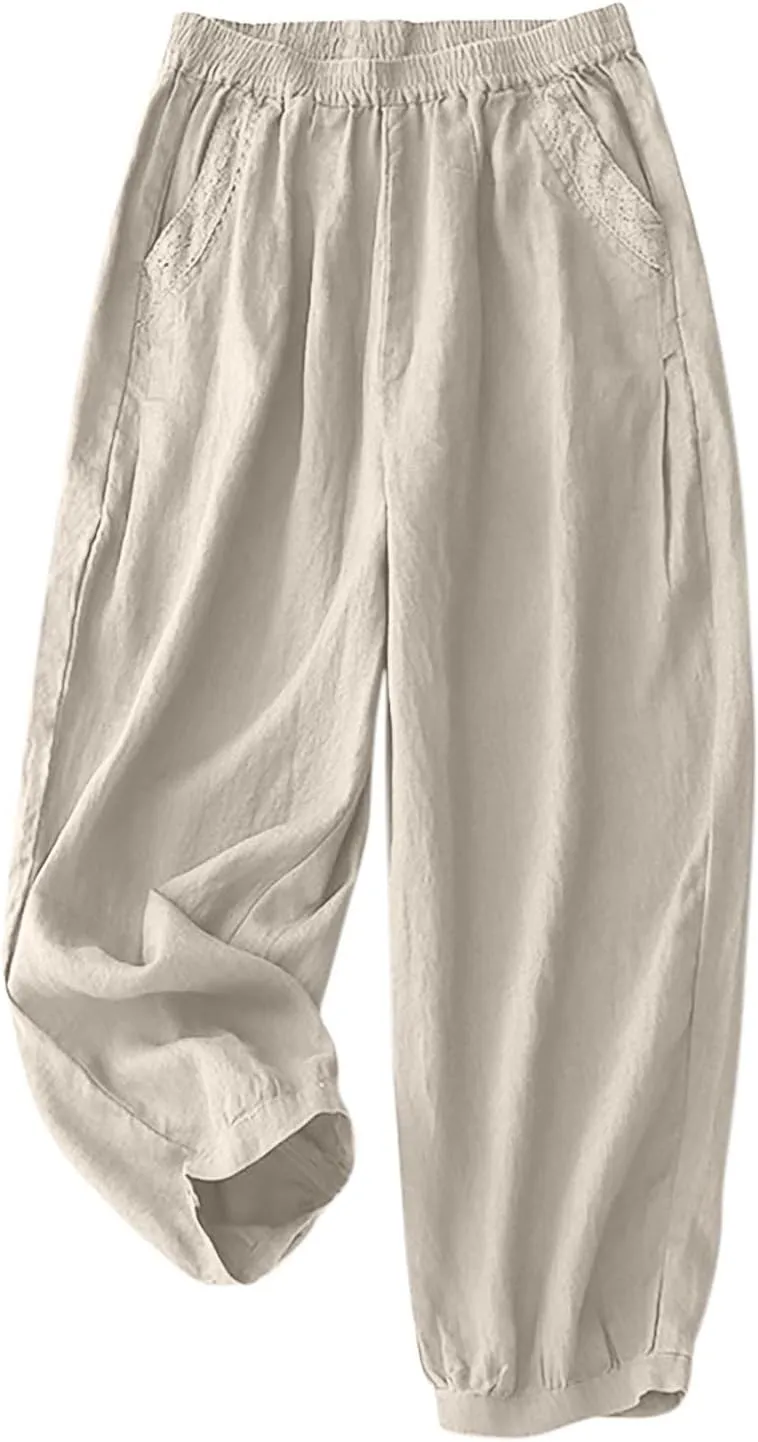 Cotton Linen Trousers Womens Solid Color Loose Straight Pants Casual Soft Lightweight Wide Leg Pants with Pockets