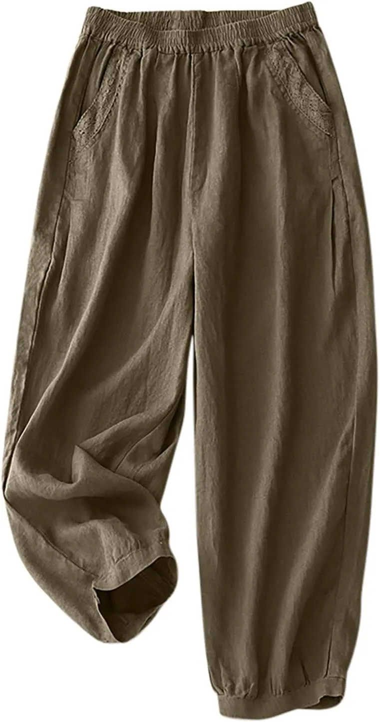 Cotton Linen Trousers Womens Solid Color Loose Straight Pants Casual Soft Lightweight Wide Leg Pants with Pockets