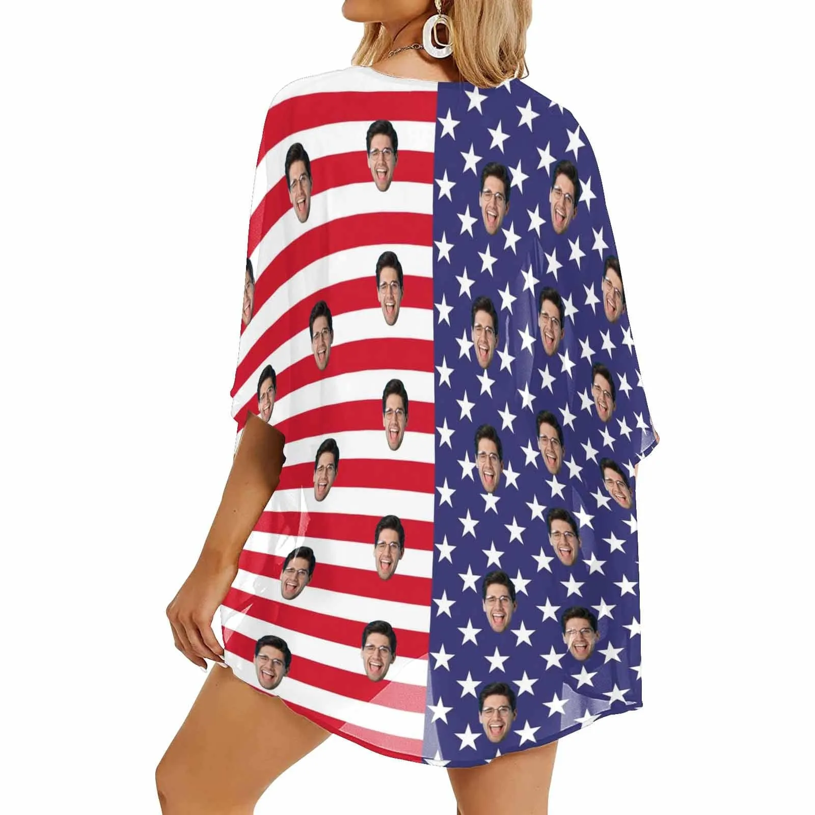 Custom Face American Flag Women's Bikini Swimsuit Long Short Kimono Chiffon Blouse Set
