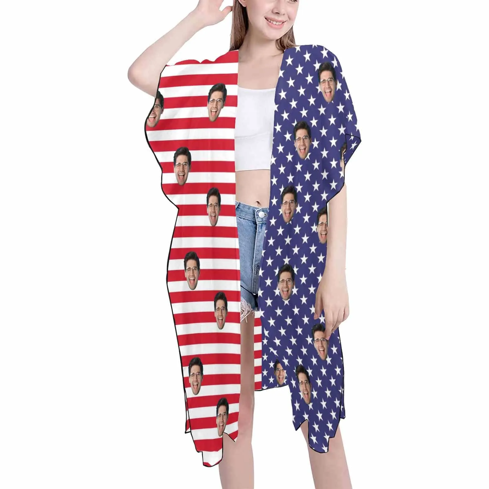 Custom Face American Flag Women's Bikini Swimsuit Long Short Kimono Chiffon Blouse Set