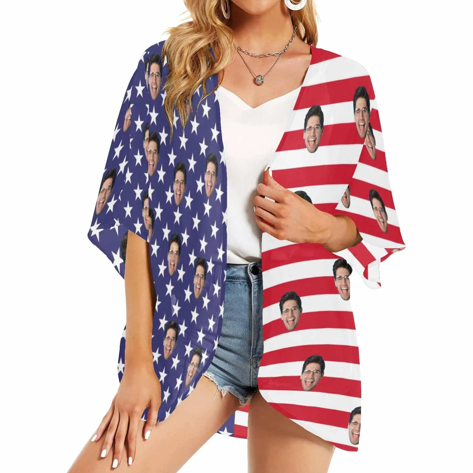 Custom Face American Flag Women's Bikini Swimsuit Long Short Kimono Chiffon Blouse Set