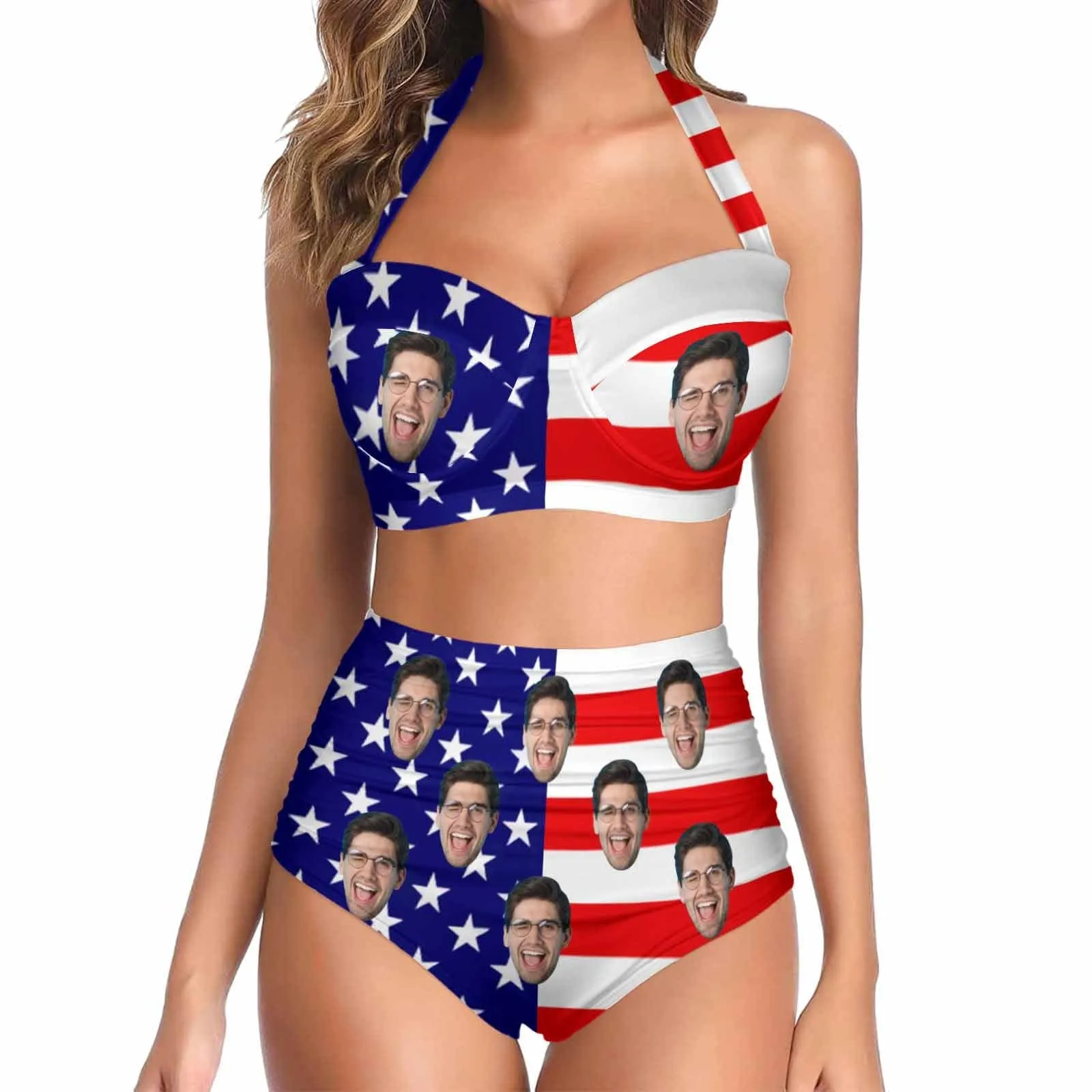 Custom Face American Flag Women's Bikini Swimsuit Long Short Kimono Chiffon Blouse Set